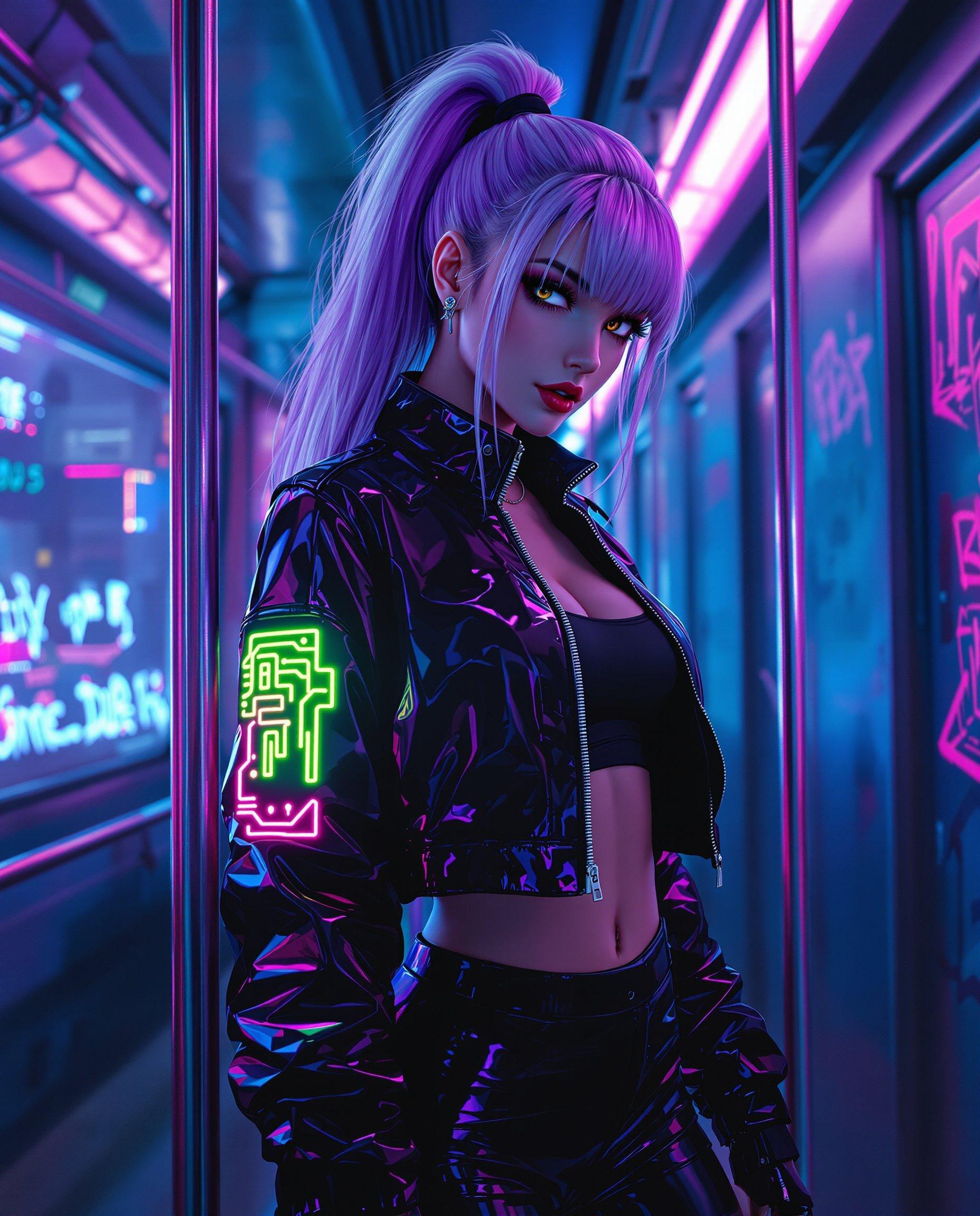 masterpiece, best quality, highres, sharp image, more detail, This image is a realistic photo (photograph) of a female real person digital illustration that captures a cyberpunk aesthetic, characterized by its futuristic, neonlit, and urban setting. The art style is highly detailed and stylized, with a focus on the interplay of light and shadow to create a threedimensional effect on the twodimensional medium.The medium appears to be a highresolution digital painting, utilizing advanced software to achieve the rich textures and vibrant colors. The image is dominated by a palette of purples, blues, and blacks, with neon accents of pink, green, and yellow that suggest a nighttime setting in a neonlit cityscape.The subject of the image is a person with striking cyberpunk features. They have long, flowing hair that transitions from a deep purple at the roots to a lighter, almost silver hue at the tips, giving it a glossy, wet look. The hair is styled in a high ponytail, secured with a black hair tie, and there are strands that fall loosely around the shoulders and neck.The person is wearing a sleek, futuristic outfit that consists of a glossy, black leather jacket with a high collar and a zippered front. The jacket has a reflective quality, catching the neon lights and adding to the cyberpunk ambiance. On the left sleeve of the jacket, there is a neon green and pink design that resembles a circuit board or a digital display, contributing to the overall cyberpunk theme.Underneath the jacket, the person is wearing a black crop top that reveals a hint of midriff, and they are also wearing formfitting, thighhigh boots that match the jacket in color and style, giving off a cohesive look.The setting appears to be a dimly lit, metallic interior, possibly a train or subway car, judging by the metal poles and the large windows that allow the neon lights of the city to filter in. The interior is painted in shades of blue and purple, with graffiti tags and other urban elements that enhance the cyberpunk vibe.Overall, the image is a rich tapestry of cyberpunk elements, from the neonlit cityscape to the futuristic fashion, all meticulously crafted to evoke a sense of advanced technology, urban decay, and dystopian futurism.