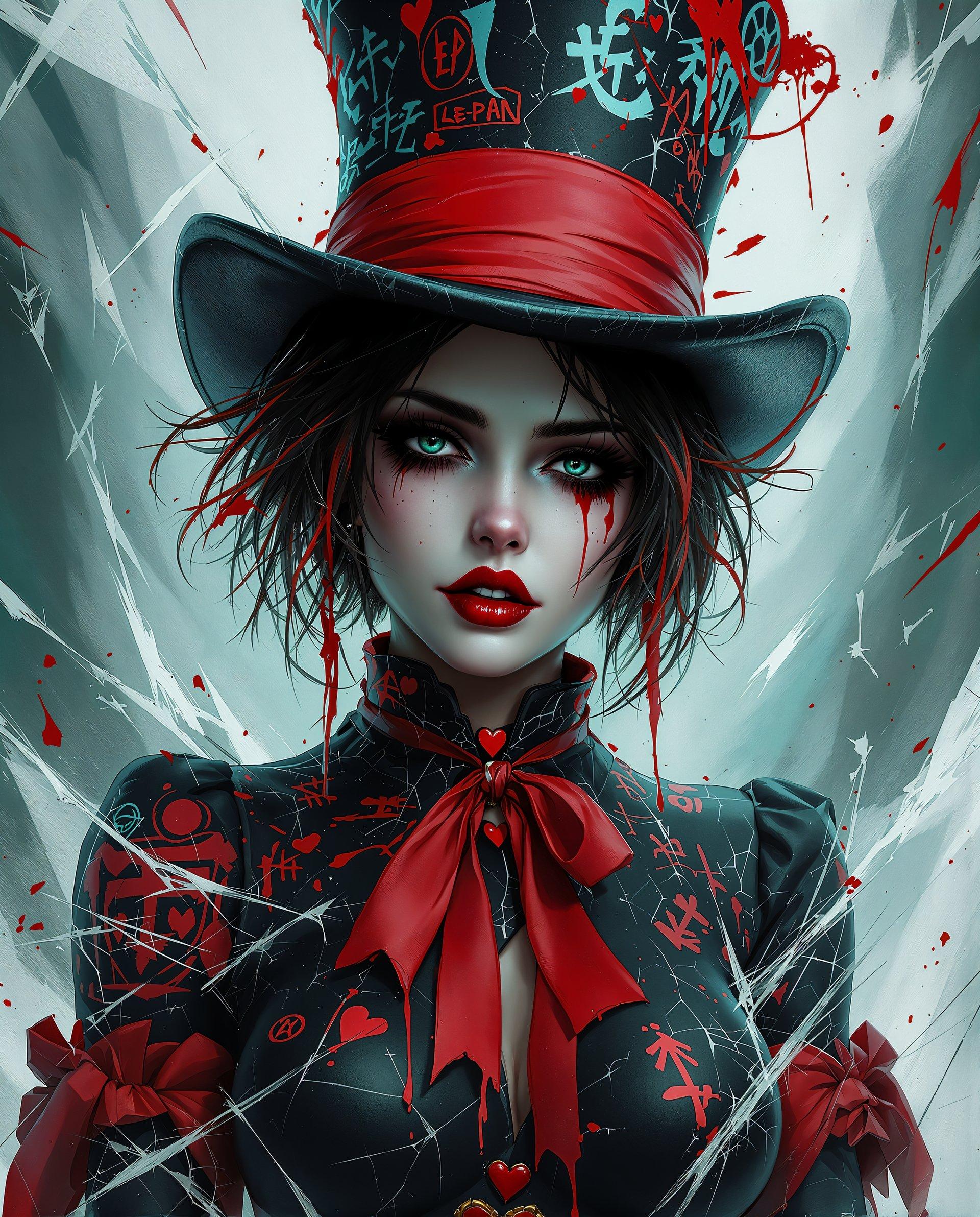 masterpiece, best quality, highres, sharp image, more detail <lora:more_details:0.5> <lora:SDXLrender_v2.0:1>, This is a realistic photo (photograph) of a female real person digital artwork that features a closeup of a female figure. The art style is highly stylized and appears to be a blend of realism and gothic elements, with a strong emphasis on dramatic lighting and shadow, and a high level of detail in the textures and patterns.The medium appears to be digital painting, given the smooth blending of colors and the lack of brush strokes. The colors are rich and vibrant, with a predominance of black, white, red, and shades of blue and green. The reds and blues stand out prominently, creating a striking contrast against the predominantly dark tones of the figures attire and the background.The figure is wearing a top hat with a red and white color scheme, which is reminiscent of the Mad Hatter from Lewis Carrolls Alice in Wonderland. The hat is adorned with various symbols and graffitilike markings, adding to the gothic and edgy feel of the piece. The figures hair is short and dark, with streaks of red, and it falls in a messy, disheveled fashion around her face.The figures makeup is dramatic, with dark, smudged eyeshadow, winged eyeliner, and a prominent red heart on her cheek. Her lips are painted a deep shade of red, and her skin is marred with cracks and splatters, giving the impression of decay or battle scars.The figures attire includes a black bodysuit with red detailing, including a heartshaped emblem on the chest and a red ribbon tied around the neck. The bodysuit is adorned with various patterns and textures, including what appears to be cracked ice or shattered glass, adding to the icy and gothic aesthetic.The background of the image is chaotic and abstract, with streaks of white and black that resemble shattered glass or broken ice. There are also hints of green and blue, which could represent a frozen or icy environment. The overall effect is one of a dark, dystopian world, with the figure standing as a symbol of defiance or resistance against the harshness of the environment.