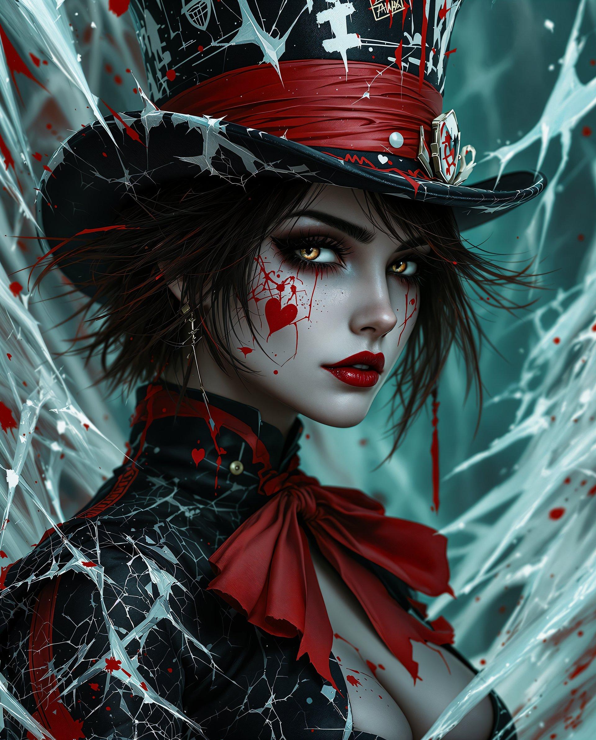 masterpiece, best quality, highres, sharp image, more detail <lora:more_details:0.5> <lora:SDXLrender_v2.0:1>, This is a realistic photo (photograph) of a female real person digital artwork that features a closeup of a female figure. The art style is highly stylized and appears to be a blend of realism and gothic elements, with a strong emphasis on dramatic lighting and shadow, and a high level of detail in the textures and patterns.The medium appears to be digital painting, given the smooth blending of colors and the lack of brush strokes. The colors are rich and vibrant, with a predominance of black, white, red, and shades of blue and green. The reds and blues stand out prominently, creating a striking contrast against the predominantly dark tones of the figures attire and the background.The figure is wearing a top hat with a red and white color scheme, which is reminiscent of the Mad Hatter from Lewis Carrolls Alice in Wonderland. The hat is adorned with various symbols and graffitilike markings, adding to the gothic and edgy feel of the piece. The figures hair is short and dark, with streaks of red, and it falls in a messy, disheveled fashion around her face.The figures makeup is dramatic, with dark, smudged eyeshadow, winged eyeliner, and a prominent red heart on her cheek. Her lips are painted a deep shade of red, and her skin is marred with cracks and splatters, giving the impression of decay or battle scars.The figures attire includes a black bodysuit with red detailing, including a heartshaped emblem on the chest and a red ribbon tied around the neck. The bodysuit is adorned with various patterns and textures, including what appears to be cracked ice or shattered glass, adding to the icy and gothic aesthetic.The background of the image is chaotic and abstract, with streaks of white and black that resemble shattered glass or broken ice. There are also hints of green and blue, which could represent a frozen or icy environment. The overall effect is one of a dark, dystopian world, with the figure standing as a symbol of defiance or resistance against the harshness of the environment.