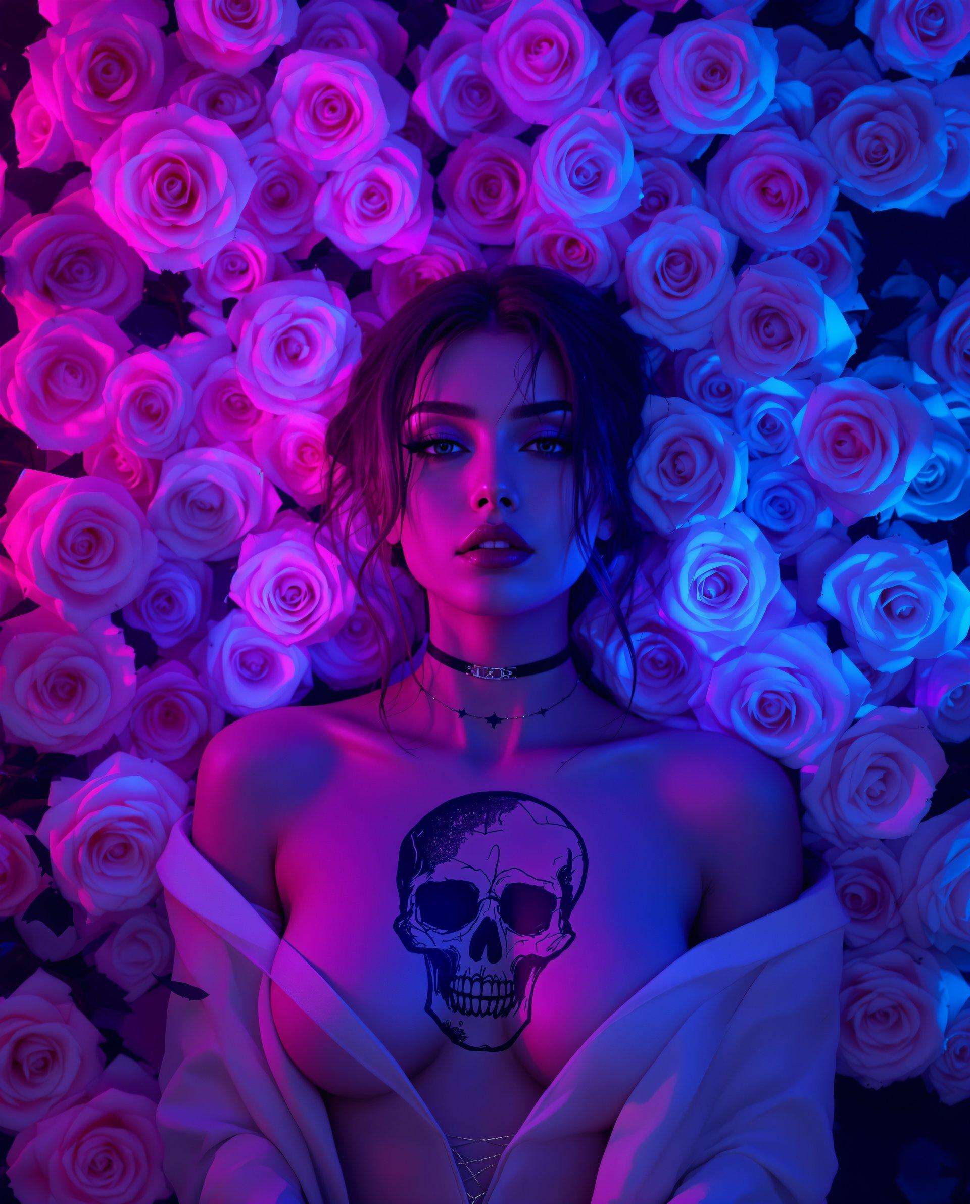 masterpiece, best quality, highres, sharp image, more detail <lora:more_details:0.5> <lora:SDXLrender_v2.0:1>, This image is a realistic photo (photograph) of a female real person digital artwork that combines elements of gothic and surrealism, creating a striking visual narrative. Lets break down the artistic elements Composition The subject is placed in the center, which is a common compositional technique that draws the viewers eye directly to the focal point. The subject is surrounded by a dense cluster of roses, which frames her and adds depth to the composition. The roses are arranged in a way that they seem to emanate from behind her, creating a sense of volume and enveloping her. The use of negative space is clever the roses in the background are not only decorative but also help to define the subject by creating a contrast with the vivid colors and the stark white of her top. The lighting and color gradients in the roses add to the composition, with the pink and purple hues on one side and the blue and purple on the other, which suggests a duality or a juxtaposition of opposing forces. The skull tattoo on the subjects chest is a powerful focal point that draws the eye and adds a layer of meaning to the image. Lighting The lighting in the image is dramatic and atmospheric. There is a strong contrast between the warm, pinkish light on one side and the cool, blue light on the other. This creates a sense of depth and dimensionality. The lighting on the subjects face and body is soft and diffused, highlighting her features and giving her a luminous quality. The lighting on the roses is more defined, with highlights and shadows that give them a three dimensional appearance. The skull tattoo is illuminated in a way that makes it stand out against the roses, drawing attention to its details. Style The style of the artwork is digital painting, with a high level of detail and realism. The textures are smooth and lifelike, from the subjects skin to the petals of the roses. The use of color is vibrant and saturated, with a strong emphasis on contrast and complementary colors. The subjects pose and the positioning of the roses and skull tattoo contribute to a gothic and somewhat melancholic mood, which is characteristic of the style. The overall effect is one of surrealism, as the elements in the image are not necessarily realistic but are arranged in a way that creates a believable and immersive scene. Overall, the image is a masterful blend of composition, lighting, and style, creating a visually compelling and thematically rich piece of digital art.