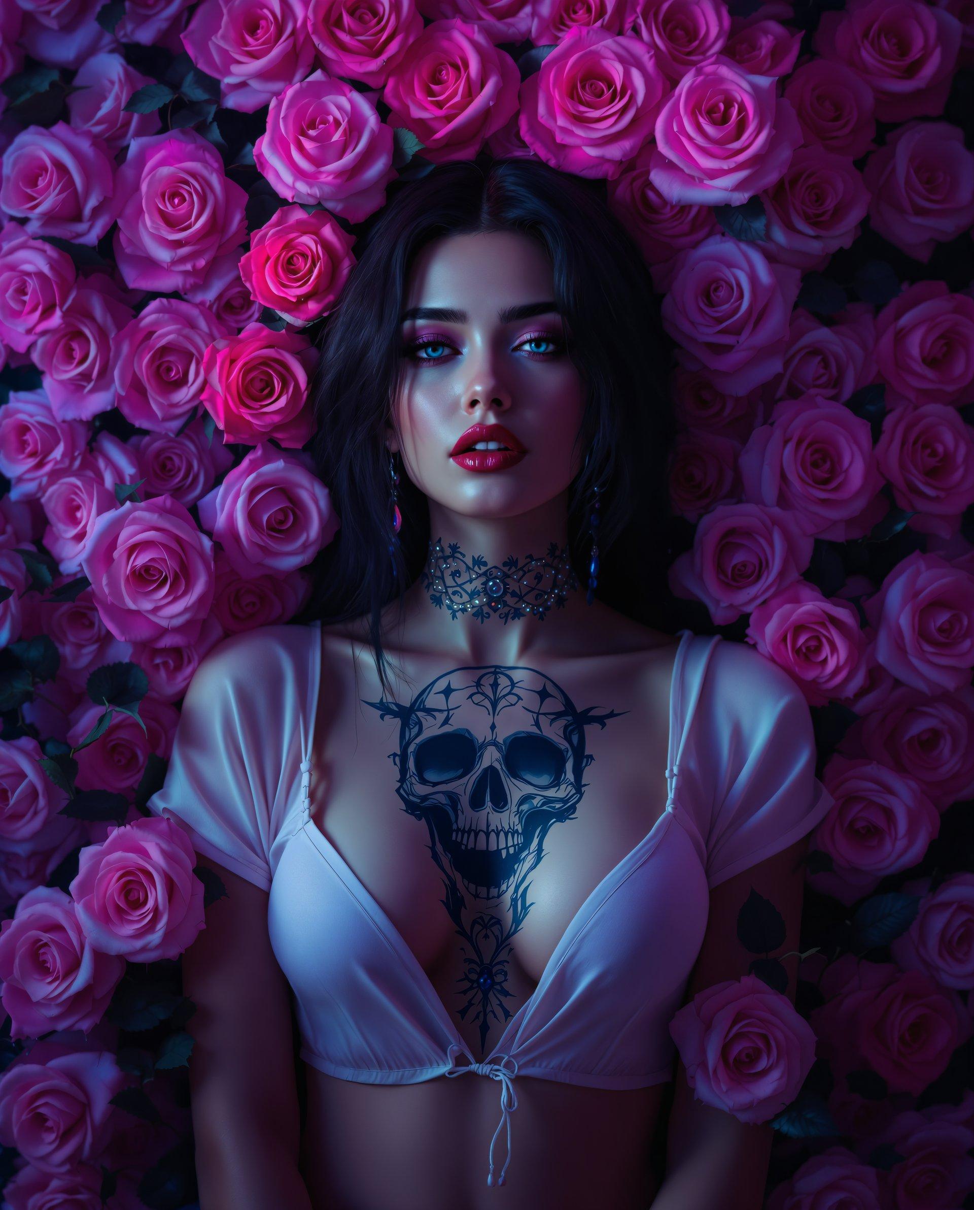 masterpiece, best quality, highres, sharp image, more detail <lora:more_details:0.5> <lora:SDXLrender_v2.0:1>, This image is a realistic photo (photograph) of a female real person digital artwork that combines elements of gothic and surrealism, creating a striking visual narrative. Lets break down the artistic elements Composition The subject is placed in the center, which is a common compositional technique that draws the viewers eye directly to the focal point. The subject is surrounded by a dense cluster of roses, which frames her and adds depth to the composition. The roses are arranged in a way that they seem to emanate from behind her, creating a sense of volume and enveloping her. The use of negative space is clever the roses in the background are not only decorative but also help to define the subject by creating a contrast with the vivid colors and the stark white of her top. The lighting and color gradients in the roses add to the composition, with the pink and purple hues on one side and the blue and purple on the other, which suggests a duality or a juxtaposition of opposing forces. The skull tattoo on the subjects chest is a powerful focal point that draws the eye and adds a layer of meaning to the image. Lighting The lighting in the image is dramatic and atmospheric. There is a strong contrast between the warm, pinkish light on one side and the cool, blue light on the other. This creates a sense of depth and dimensionality. The lighting on the subjects face and body is soft and diffused, highlighting her features and giving her a luminous quality. The lighting on the roses is more defined, with highlights and shadows that give them a three dimensional appearance. The skull tattoo is illuminated in a way that makes it stand out against the roses, drawing attention to its details. Style The style of the artwork is digital painting, with a high level of detail and realism. The textures are smooth and lifelike, from the subjects skin to the petals of the roses. The use of color is vibrant and saturated, with a strong emphasis on contrast and complementary colors. The subjects pose and the positioning of the roses and skull tattoo contribute to a gothic and somewhat melancholic mood, which is characteristic of the style. The overall effect is one of surrealism, as the elements in the image are not necessarily realistic but are arranged in a way that creates a believable and immersive scene. Overall, the image is a masterful blend of composition, lighting, and style, creating a visually compelling and thematically rich piece of digital art.