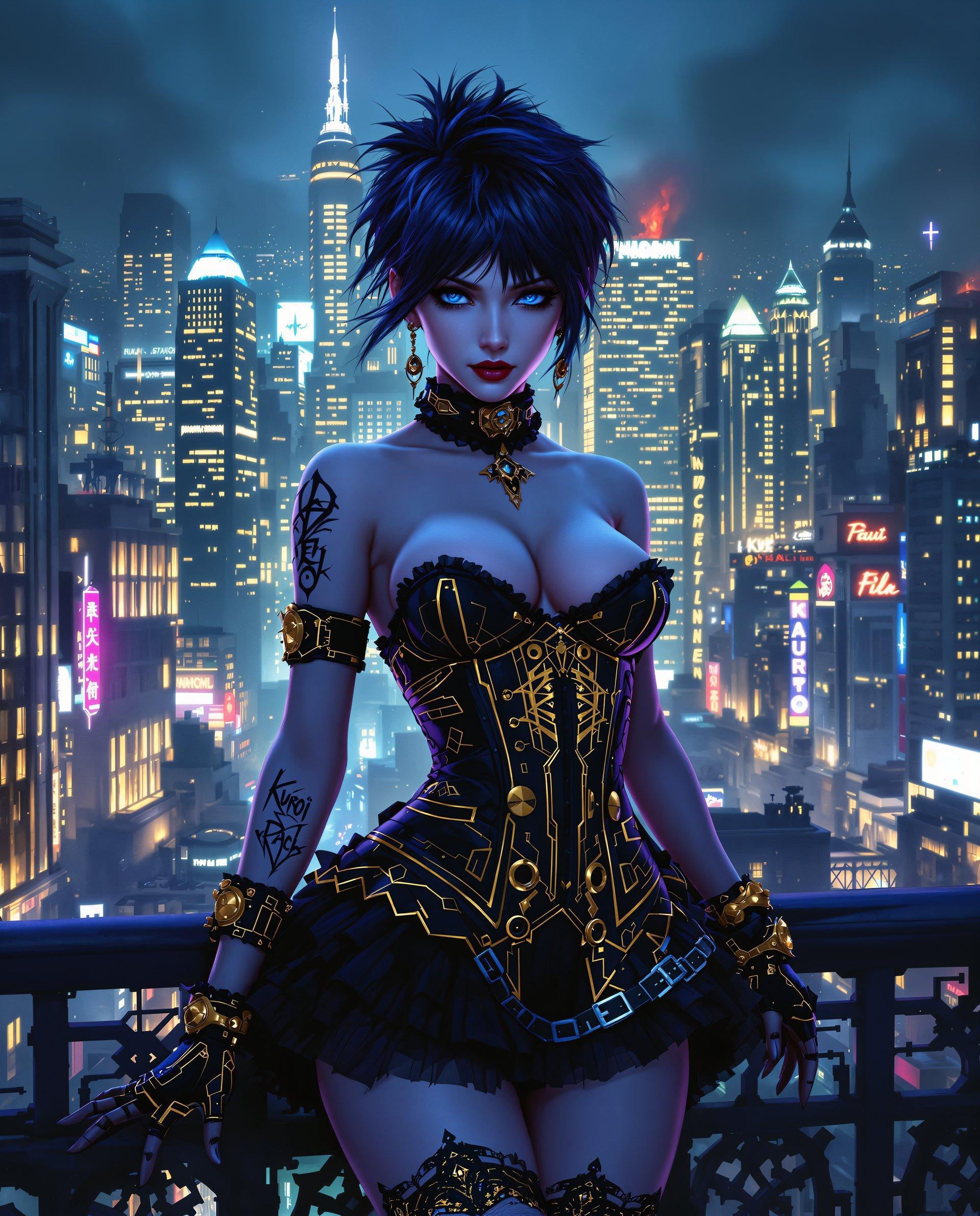 masterpiece, best quality, highres, sharp image, more detail <lora:more_details:0.5> <lora:SDXLrender_v2.0:1>, This image is a realistic photo (photograph) of a female real person digital artwork that combines elements of Realistic and urban nightscapes. The art style is reminiscent of cyberpunk, with a strong emphasis on futuristic and mechanical aesthetics. The medium appears to be a digital painting, utilizing a high level of detail and vibrant colors.The colors in the image are rich and varied, with a predominance of blues and blacks that give the piece a nocturnal and mysterious feel. The use of gold and white highlights adds contrast and emphasizes the intricate details of the characters attire and the cityscape behind her. The gold accents also give the image a sense of opulence and decay, which is a common theme in cyberpunk.The objects in the image are numerous and varied. The central figure is a woman with short, spiky hair and piercing blue eyes. She has a tattoo on her left arm that reads Kuroi, which is Japanese for black. Her outfit is a mix of gothic and futuristic elements, with a corsetstyle top, a ruffled skirt, and thighhigh stockings. She also wears a pair of gloves with a similar tattoo design to her arm.Behind the woman, there is a sprawling cityscape at night, with skyscrapers and neon signs. The city is depicted in a state of decay, with buildings that are partially collapsed or on fire. The skyline is filled with a myriad of lights, creating a sense of chaos and energy.The overall mood of the image is one of mystery and intrigue, with a touch of melancholy. The juxtaposition of the womans elegant and detailed attire against the backdrop of a dystopian city creates a striking contrast that is characteristic of cyberpunk. The image is a testament to the creativity and skill of the digital artist who created it.