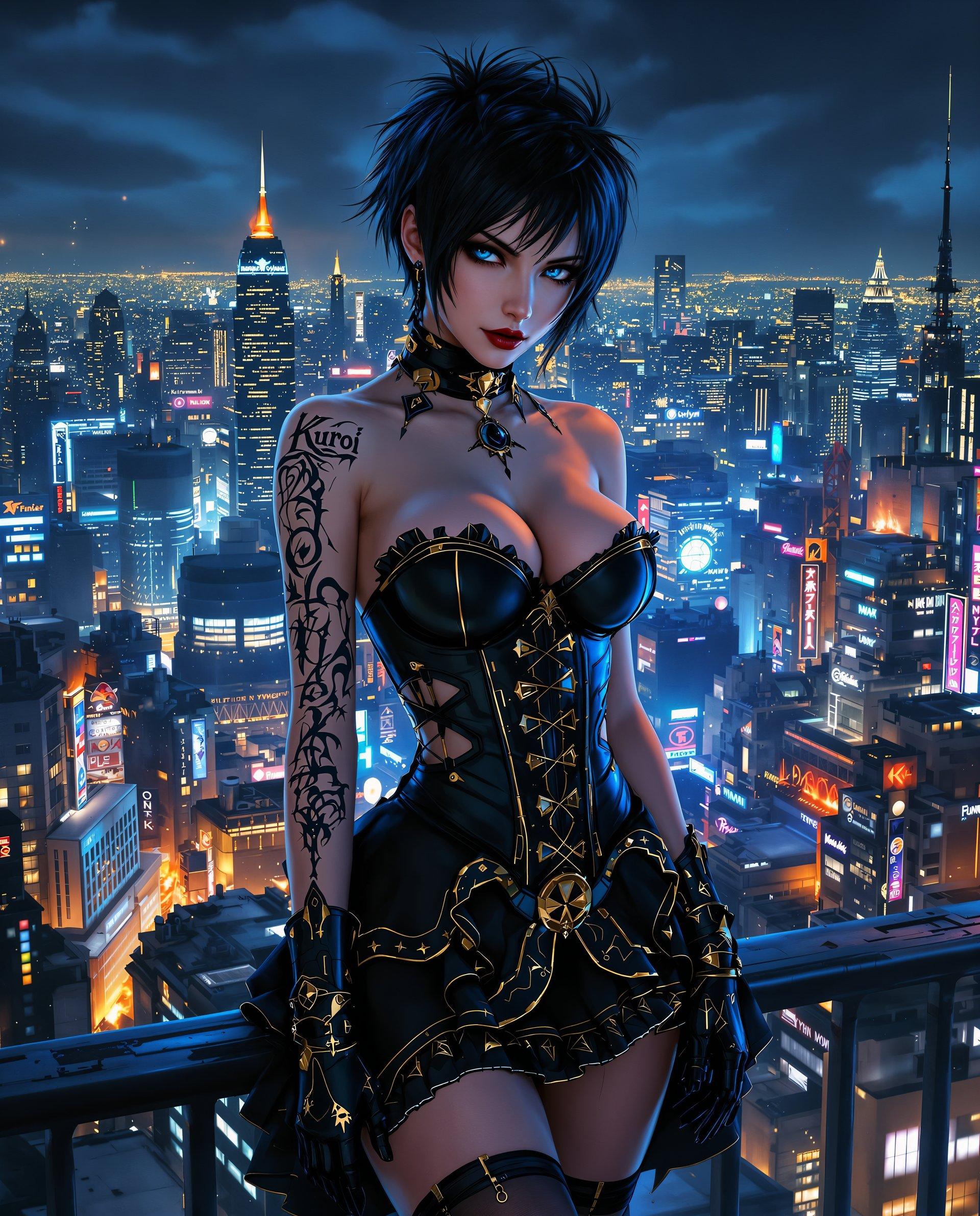 masterpiece, best quality, highres, sharp image, more detail <lora:more_details:0.5> <lora:SDXLrender_v2.0:1>, This image is a realistic photo (photograph) of a female real person digital artwork that combines elements of Realistic and urban nightscapes. The art style is reminiscent of cyberpunk, with a strong emphasis on futuristic and mechanical aesthetics. The medium appears to be a digital painting, utilizing a high level of detail and vibrant colors.The colors in the image are rich and varied, with a predominance of blues and blacks that give the piece a nocturnal and mysterious feel. The use of gold and white highlights adds contrast and emphasizes the intricate details of the characters attire and the cityscape behind her. The gold accents also give the image a sense of opulence and decay, which is a common theme in cyberpunk.The objects in the image are numerous and varied. The central figure is a woman with short, spiky hair and piercing blue eyes. She has a tattoo on her left arm that reads Kuroi, which is Japanese for black. Her outfit is a mix of gothic and futuristic elements, with a corsetstyle top, a ruffled skirt, and thighhigh stockings. She also wears a pair of gloves with a similar tattoo design to her arm.Behind the woman, there is a sprawling cityscape at night, with skyscrapers and neon signs. The city is depicted in a state of decay, with buildings that are partially collapsed or on fire. The skyline is filled with a myriad of lights, creating a sense of chaos and energy.The overall mood of the image is one of mystery and intrigue, with a touch of melancholy. The juxtaposition of the womans elegant and detailed attire against the backdrop of a dystopian city creates a striking contrast that is characteristic of cyberpunk. The image is a testament to the creativity and skill of the digital artist who created it.