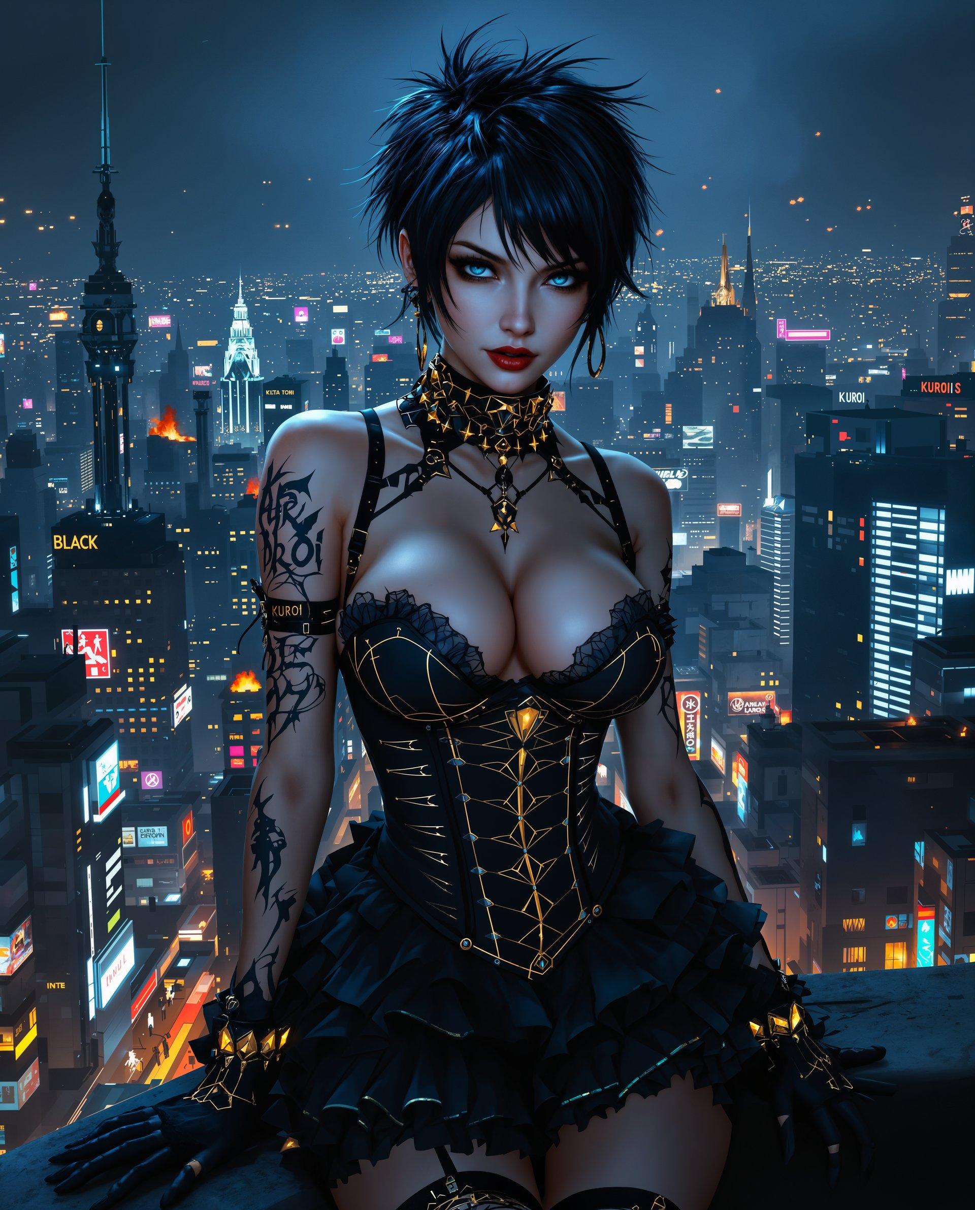 masterpiece, best quality, highres, sharp image, more detail <lora:more_details:0.5> <lora:SDXLrender_v2.0:1>, masterpiece, best quality, highres, sharp image, more detail, This image is a realistic photo (photograph) of a female real person digital artwork that combines elements of Realistic and urban nightscapes. The art style is reminiscent of cyberpunk, with a strong emphasis on futuristic and mechanical aesthetics. The medium appears to be a digital painting, utilizing a high level of detail and vibrant colors.The colors in the image are rich and varied, with a predominance of blues and blacks that give the piece a nocturnal and mysterious feel. The use of gold and white highlights adds contrast and emphasizes the intricate details of the characters attire and the cityscape behind her. The gold accents also give the image a sense of opulence and decay, which is a common theme in cyberpunk.The objects in the image are numerous and varied. The central figure is a woman with short, spiky hair and piercing blue eyes. She has a tattoo on her left arm that reads Kuroi, which is Japanese for black. Her outfit is a mix of gothic and futuristic elements, with a corsetstyle top, a ruffled skirt, and thighhigh stockings. She also wears a pair of gloves with a similar tattoo design to her arm.Behind the woman, there is a sprawling cityscape at night, with skyscrapers and neon signs. The city is depicted in a state of decay, with buildings that are partially collapsed or on fire. The skyline is filled with a myriad of lights, creating a sense of chaos and energy.The overall mood of the image is one of mystery and intrigue, with a touch of melancholy. The juxtaposition of the womans elegant and detailed attire against the backdrop of a dystopian city creates a striking contrast that is characteristic of cyberpunk. The image is a testament to the creativity and skill of the digital artist who created it.