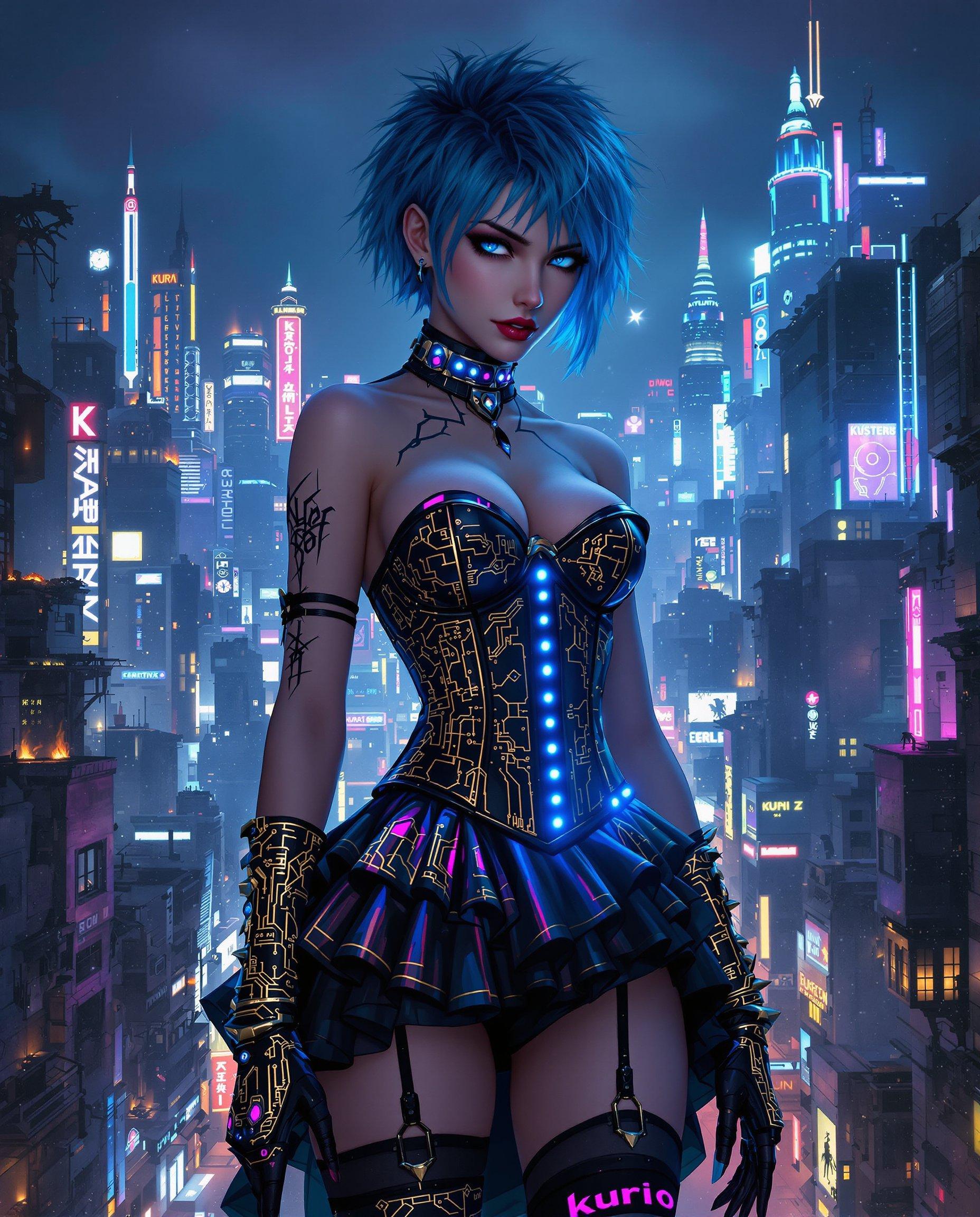 masterpiece, best quality, highres, sharp image, more detail <lora:more_details:0.5> <lora:SDXLrender_v2.0:1>, Create a highly detailed digital painting in a cyberpunk style, capturing the essence of a futuristic, nocturnal urban landscape. The image should feature:

**Subject**: A female figure with short, spiky hair dyed an unnatural color like electric blue or neon pink, and piercing blue eyes. Her attire should blend gothic and futuristic elements, showcasing:
- A corset-style top with intricate gold and black patterns, reminiscent of circuit boards.
- A ruffled skirt made of metallic fabric with LED lights embedded, creating a shimmering effect.
- Thigh-high stockings with holographic patterns, and gloves that extend to the elbows with similar designs.

**Setting**: 
- **Background**: A sprawling cityscape at night, with towering skyscrapers. The skyline should include:
  - Neon signs glowing in various colors, particularly blues, purples, and pinks.
  - Some buildings are dilapidated, showing signs of decay with parts collapsing or on fire, adding to the dystopian atmosphere.
  - A mix of old and new architecture, where ancient structures are adorned with modern, high-tech elements.
- **Lighting**: Utilize chiaroscuro lighting with deep shadows and bright highlights from neon lights, street lamps, and occasional fire outbreaks, creating a stark contrast that enhances the cyberpunk aesthetic.

**Mood and Atmosphere**:
- The overall mood should evoke mystery, intrigue, and a hint of melancholy. 
- The scene should feel alive with the chaos of urban life at night, yet there's an underlying sense of solitude and reflection.

**Visual Elements**:
- **Colors**: Predominantly blues, blacks, and dark purples, with gold and white highlights for contrast. Use vibrant colors sparingly to highlight key elements like the woman's outfit and important city features.
- **Textures**: Incorporate textures that reflect the theme - smooth, metallic surfaces alongside rough, decaying concrete or brickwork.
- **Details**: Pay attention to small details like the tattoo on her left arm, "Kuroi" in kanji, and the intricate designs on her clothing. The city should have small, hidden details like drones, flying cars, or graffiti.

**Composition**:
- **Framing**: Use a medium close-up shot of the woman, with the cityscape sprawling behind her, creating depth. The woman should be slightly off-center, allowing for the dynamic cityscape to balance the composition.
- **Angle**: A slight low-angle perspective to give the woman a commanding presence against the backdrop of the city.

**Technical Aspects**:
- Employ techniques like motion blur for fast-moving elements in the city