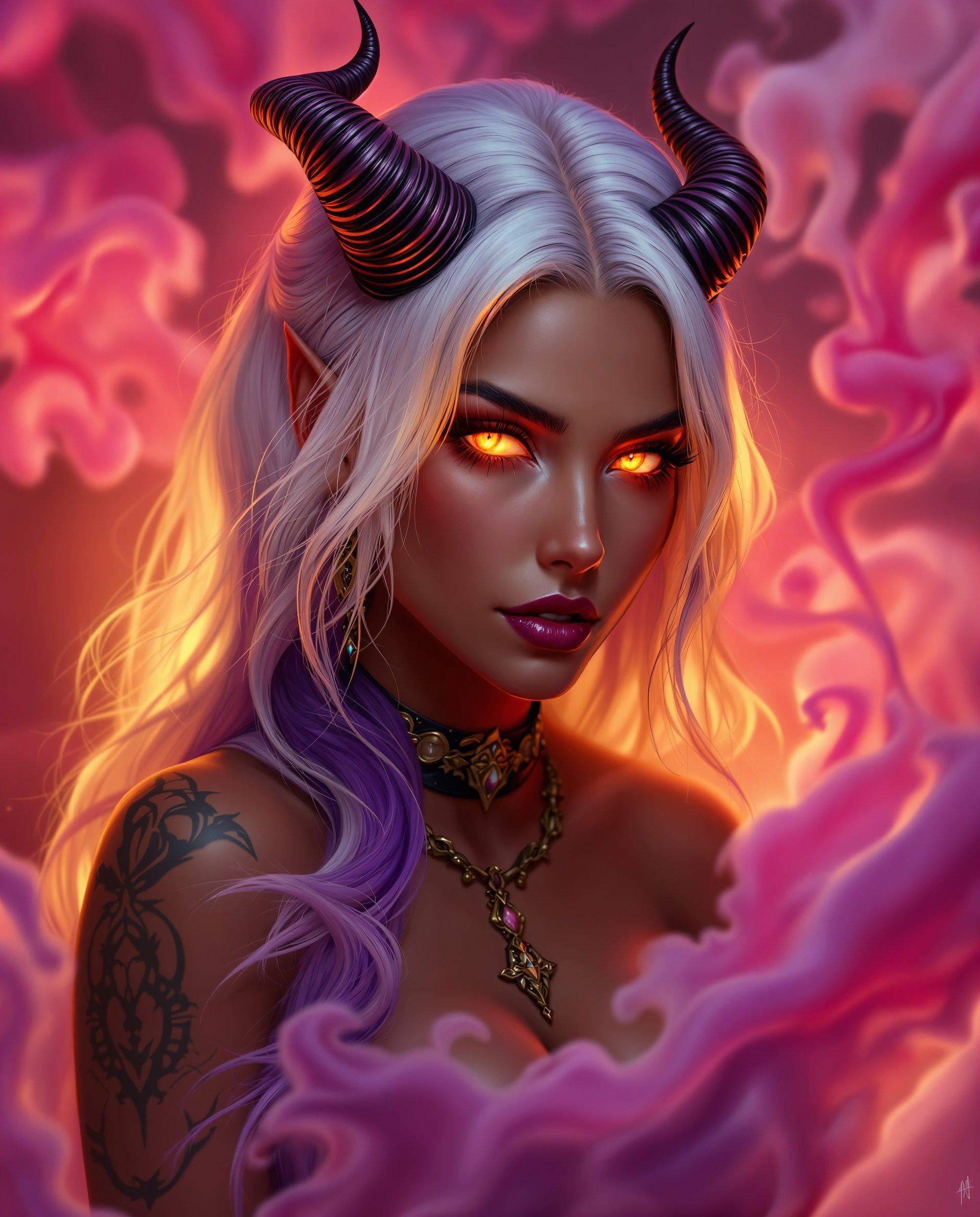 masterpiece, best quality, highres, sharp image, more detail <lora:more_details:0.5> <lora:SDXLrender_v2.0:1>, This image is a realistic photo (photograph) of a female real person digital artwork that features a female figure with a realistic aesthetic. The art style is highly stylized and appears to be a blend of realism and gothic elements, with a focus on dramatic lighting and rich, vibrant colors.The medium is digital painting, as evidenced by the smooth gradients and seamless blending of colors. The image is rich in detail and texture, with a high level of realism in the rendering of the figures skin and hair.The colors in the image are warm and rich, with a predominance of purples, pinks, and oranges. These colors create a moody and atmospheric effect, enhancing the realism and gothic elements of the artwork. The lighting in the image is dramatic, with highlights and shadows that give depth and dimension to the figure and her surroundings.The objects in the image include the female figure herself, who is adorned with ornate jewelry and accessories. Her hair is long and wavy, with a gradient of colors that range from white to a deeper purple at the tips. She has horns protruding from her head, and her eyes glow with a fiery orange hue. Her skin is a deep, rich brown, and she has tattoos on her arms and shoulders.In the background, there is a swirl of pink and purple smoke or mist, which adds to the atmospheric and mysterious quality of the artwork. The smoke is illuminated by the warm lighting, which casts a soft glow on the edges of the figure and creates a sense of depth and movement in the composition.Overall, this image is a stunning example of digital realistic art, with a focus on rich colors, dramatic lighting, and detailed textures that come together to create a compelling and immersive visual experience.