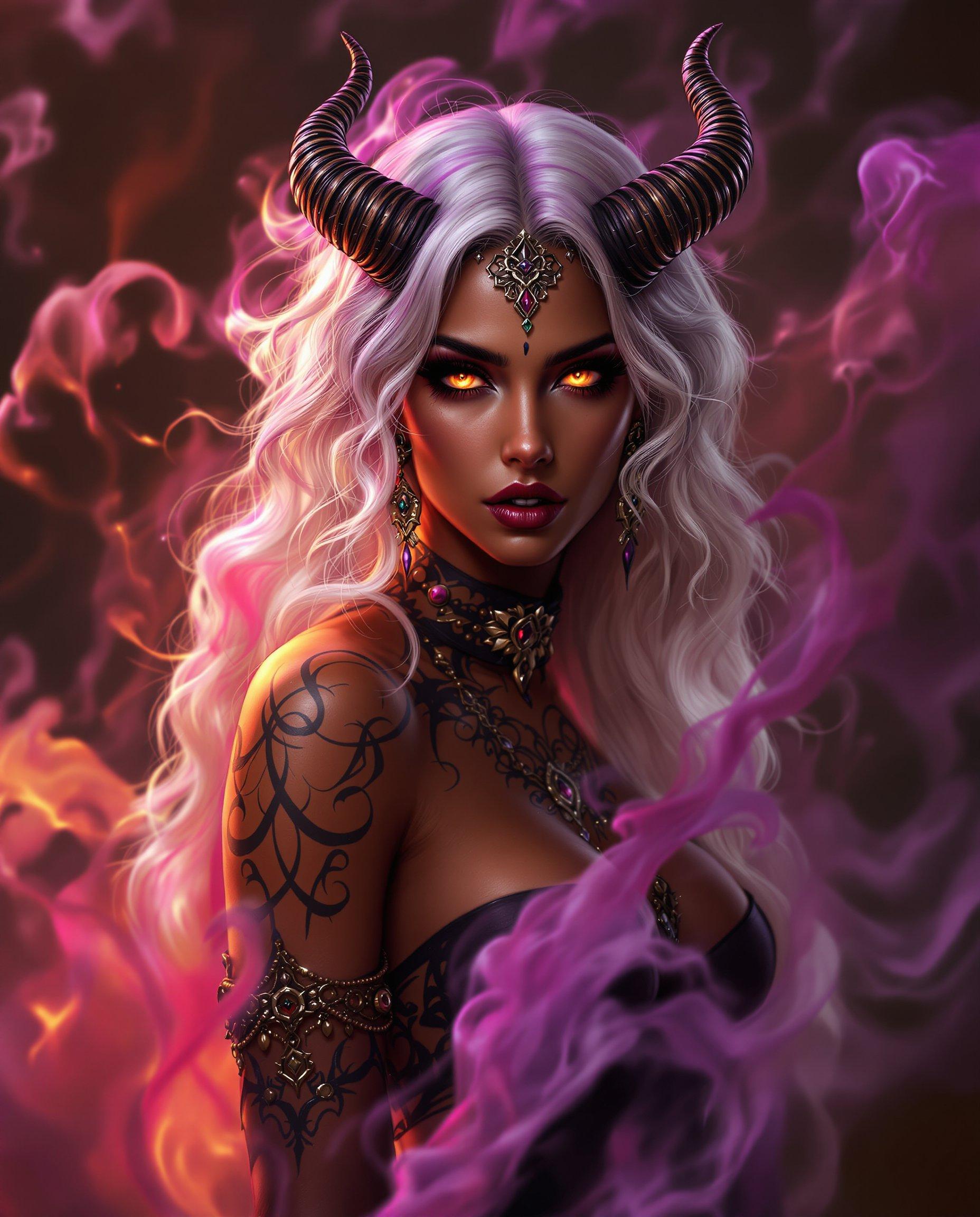 masterpiece, best quality, highres, sharp image, more detail <lora:more_details:0.5> <lora:SDXLrender_v2.0:1>, This image is a realistic photo (photograph) of a female real person digital artwork that features a female figure with a realistic aesthetic. The art style is highly stylized and appears to be a blend of realism and gothic elements, with a focus on dramatic lighting and rich, vibrant colors.The medium is digital painting, as evidenced by the smooth gradients and seamless blending of colors. The image is rich in detail and texture, with a high level of realism in the rendering of the figures skin and hair.The colors in the image are warm and rich, with a predominance of purples, pinks, and oranges. These colors create a moody and atmospheric effect, enhancing the realism and gothic elements of the artwork. The lighting in the image is dramatic, with highlights and shadows that give depth and dimension to the figure and her surroundings.The objects in the image include the female figure herself, who is adorned with ornate jewelry and accessories. Her hair is long and wavy, with a gradient of colors that range from white to a deeper purple at the tips. She has horns protruding from her head, and her eyes glow with a fiery orange hue. Her skin is a deep, rich brown, and she has tattoos on her arms and shoulders.In the background, there is a swirl of pink and purple smoke or mist, which adds to the atmospheric and mysterious quality of the artwork. The smoke is illuminated by the warm lighting, which casts a soft glow on the edges of the figure and creates a sense of depth and movement in the composition.Overall, this image is a stunning example of digital realistic art, with a focus on rich colors, dramatic lighting, and detailed textures that come together to create a compelling and immersive visual experience.