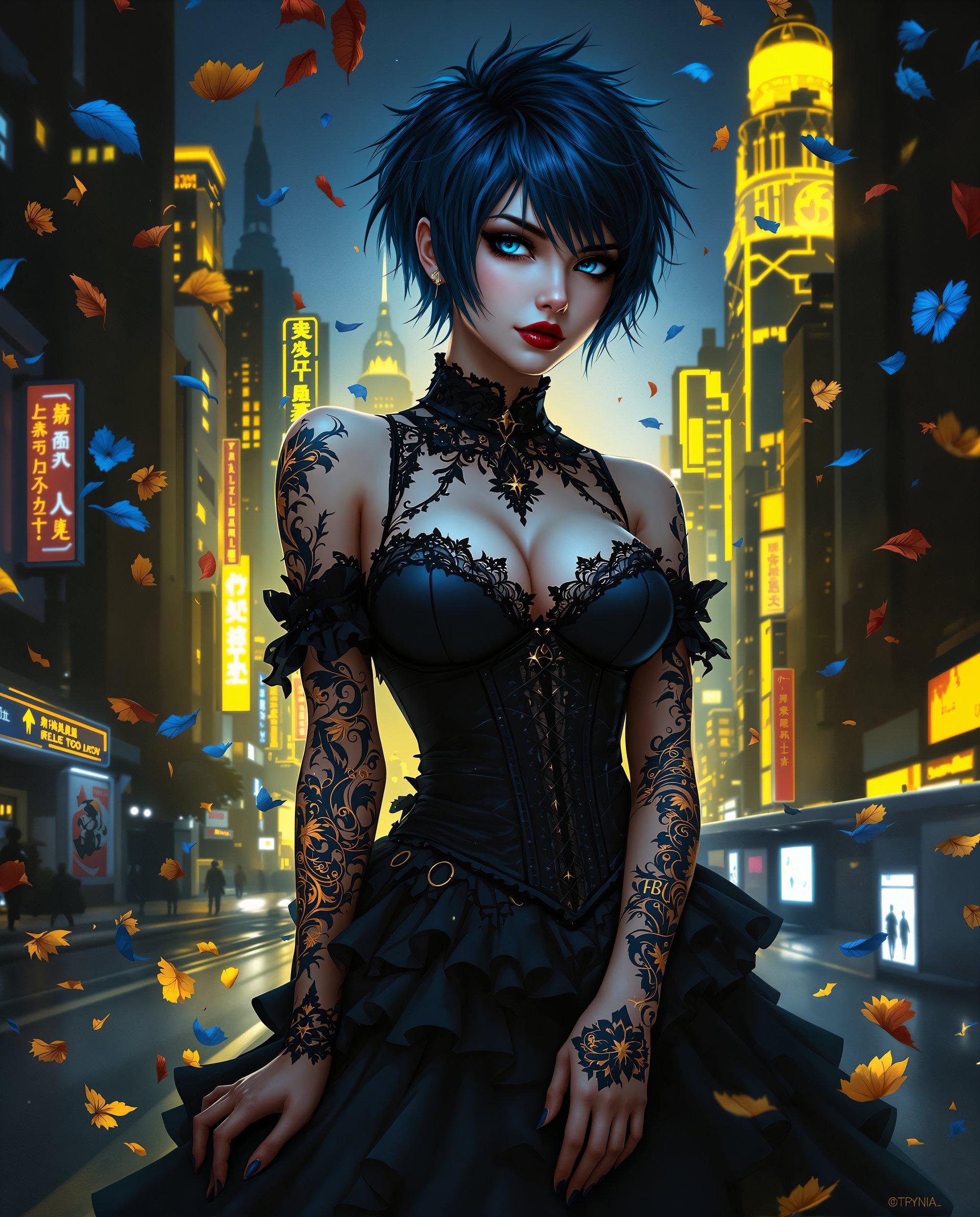 masterpiece, best quality, highres, sharp image, more detail <lora:more_details:0.5> <lora:SDXLrender_v2.0:1>, This image is a digital artwork that features a stylized female figure with a gothic and fantastical aesthetic. The art style is reminiscent of realism, with a strong emphasis on detailed line work, shading, and character design. The medium appears to be a digital painting, given the smooth blending of colors and the lack of texture that might be present in a traditional painting.The colors in the image are rich and vibrant, with a predominance of blues and blacks that give the piece a moody and atmospheric quality. The figures hair is a deep, dark blue, which stands out against the black of her clothing and the urban backdrop. There are splashes of gold and red throughout the image, which add a sense of drama and contrast.The objects in the image include the figure herself, who is the central focus. She has short, spiky hair with a few strands of blue, and her eyes are a piercing blue. She is wearing a black corsetstyle top with lace detailing and a high neckline, paired with a ruffled skirt that falls to midthigh. Her arms are covered in intricate, golden tattoos that flow down her arms and onto her hands. The tattoos are a mix of floral and scriptlike designs, adding to the gothic feel of the image.In the background, there is a cityscape at night, with skyscrapers and neon signs that suggest a modern, urban environment. The city is depicted in shades of yellow and orange, with the warm tones of the city juxtaposed against the cool blues of the figure. There are also scattered petals and leaves in various shades of blue and gold, which float around the figure and add to the ethereal quality of the scene.Overall, the image is a striking blend of gothic and fantastical elements, with a strong emphasis on character design and atmospheric color use. The digital painting technique used to create the image adds depth and realism, making the figure and her surroundings feel both tangible and otherworldly.