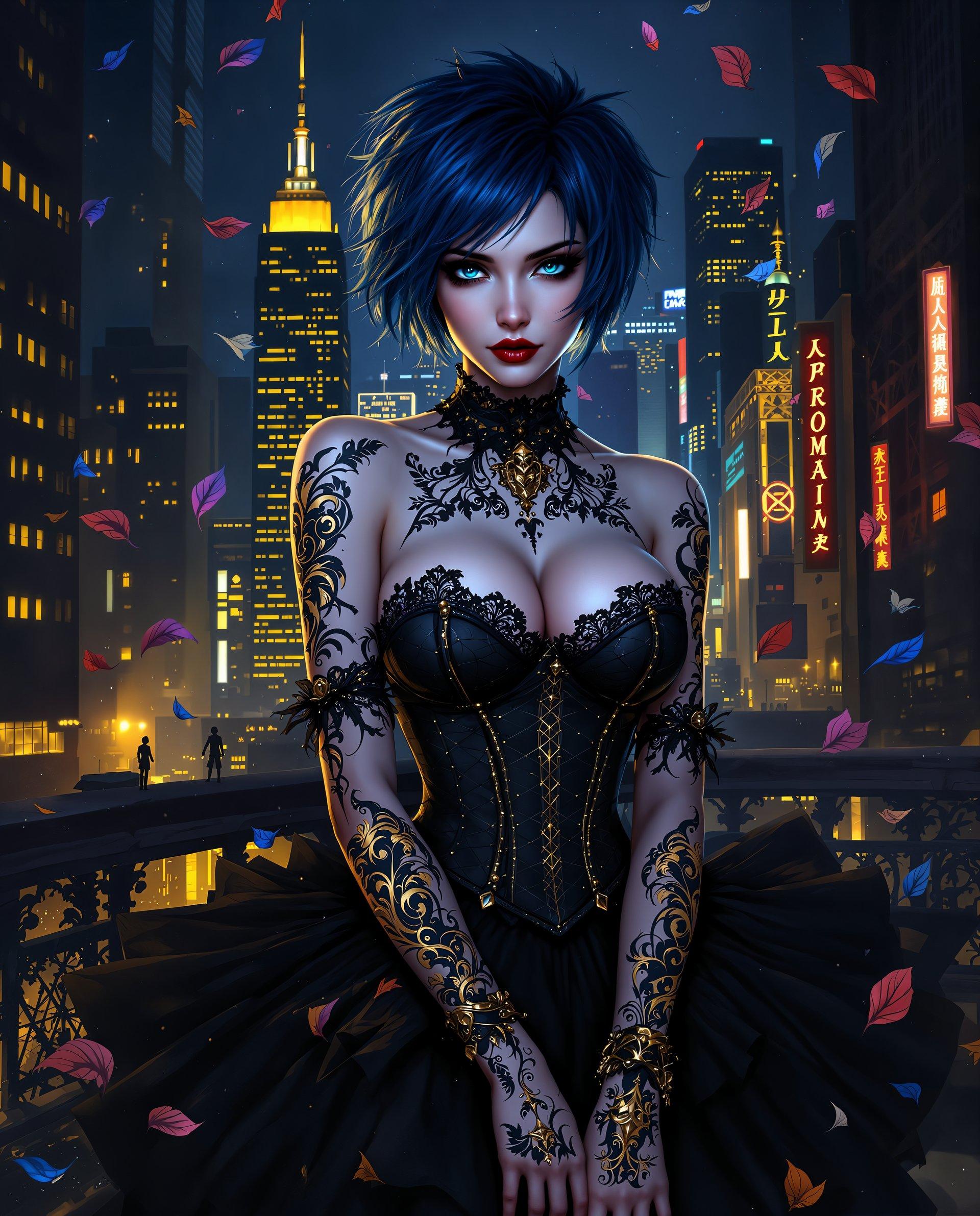 masterpiece, best quality, highres, sharp image, more detail <lora:more_details:0.5> <lora:SDXLrender_v2.0:1>, This image is a digital artwork that features a stylized female figure with a gothic and fantastical aesthetic. The art style is reminiscent of realism, with a strong emphasis on detailed line work, shading, and character design. The medium appears to be a digital painting, given the smooth blending of colors and the lack of texture that might be present in a traditional painting.The colors in the image are rich and vibrant, with a predominance of blues and blacks that give the piece a moody and atmospheric quality. The figures hair is a deep, dark blue, which stands out against the black of her clothing and the urban backdrop. There are splashes of gold and red throughout the image, which add a sense of drama and contrast.The objects in the image include the figure herself, who is the central focus. She has short, spiky hair with a few strands of blue, and her eyes are a piercing blue. She is wearing a black corsetstyle top with lace detailing and a high neckline, paired with a ruffled skirt that falls to midthigh. Her arms are covered in intricate, golden tattoos that flow down her arms and onto her hands. The tattoos are a mix of floral and scriptlike designs, adding to the gothic feel of the image.In the background, there is a cityscape at night, with skyscrapers and neon signs that suggest a modern, urban environment. The city is depicted in shades of yellow and orange, with the warm tones of the city juxtaposed against the cool blues of the figure. There are also scattered petals and leaves in various shades of blue and gold, which float around the figure and add to the ethereal quality of the scene.Overall, the image is a striking blend of gothic and fantastical elements, with a strong emphasis on character design and atmospheric color use. The digital painting technique used to create the image adds depth and realism, making the figure and her surroundings feel both tangible and otherworldly.