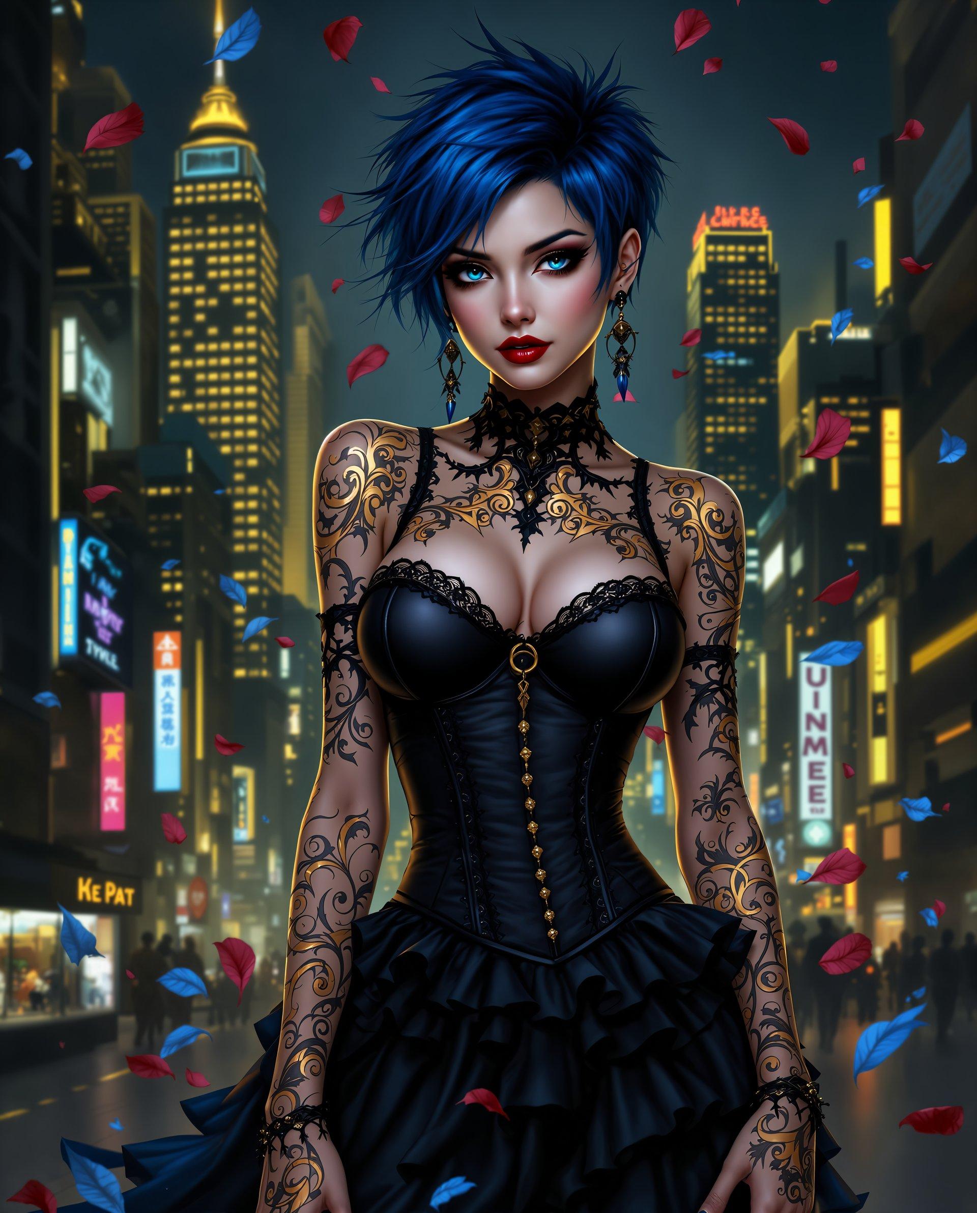 masterpiece, best quality, highres, sharp image, more detail <lora:more_details:0.5> <lora:SDXLrender_v2.0:1>, This image is a digital artwork that features a stylized female figure with a gothic and fantastical aesthetic. The art style is reminiscent of realism, with a strong emphasis on detailed line work, shading, and character design. The medium appears to be a digital painting, given the smooth blending of colors and the lack of texture that might be present in a traditional painting.The colors in the image are rich and vibrant, with a predominance of blues and blacks that give the piece a moody and atmospheric quality. The figures hair is a deep, dark blue, which stands out against the black of her clothing and the urban backdrop. There are splashes of gold and red throughout the image, which add a sense of drama and contrast.The objects in the image include the figure herself, who is the central focus. She has short, spiky hair with a few strands of blue, and her eyes are a piercing blue. She is wearing a black corsetstyle top with lace detailing and a high neckline, paired with a ruffled skirt that falls to midthigh. Her arms are covered in intricate, golden tattoos that flow down her arms and onto her hands. The tattoos are a mix of floral and scriptlike designs, adding to the gothic feel of the image.In the background, there is a cityscape at night, with skyscrapers and neon signs that suggest a modern, urban environment. The city is depicted in shades of yellow and orange, with the warm tones of the city juxtaposed against the cool blues of the figure. There are also scattered petals and leaves in various shades of blue and gold, which float around the figure and add to the ethereal quality of the scene.Overall, the image is a striking blend of gothic and fantastical elements, with a strong emphasis on character design and atmospheric color use. The digital painting technique used to create the image adds depth and realism, making the figure and her surroundings feel both tangible and otherworldly.