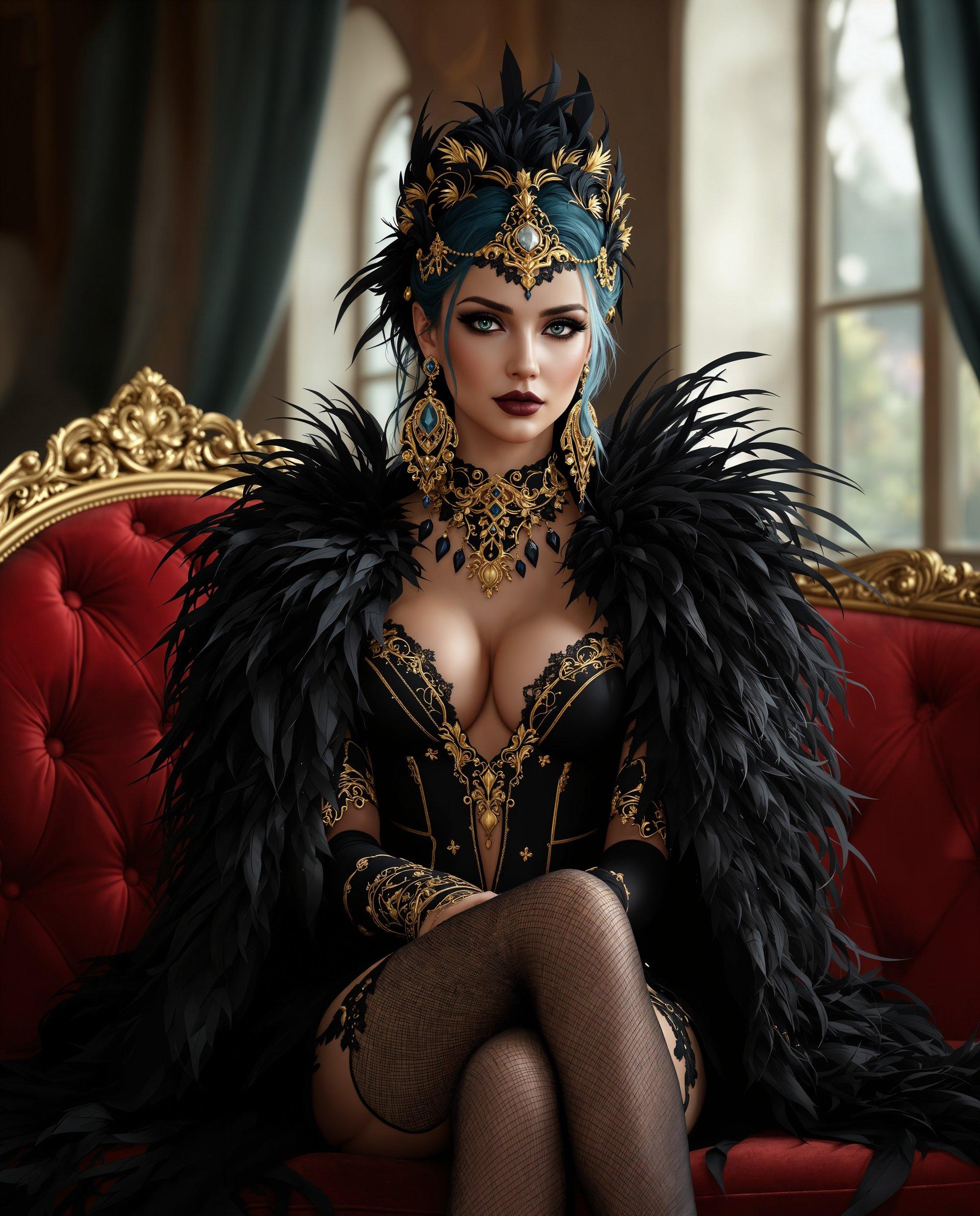 masterpiece, best quality, highres, sharp image, more detail <lora:more_details:0.5> <lora:SDXLrender_v2.0:1>, masterpiece, best quality, highres, sharp image, more detail, This is a realistic photo (photograph) of a female real person image that appears to be a digital painting, likely created with software such as Photoshop or a similar program. The art style is reminiscent of realistic. The medium seems to be a blend of digital painting and illustration techniques, with a focus on detailed textures and a high level of realism. The use of lighting and shadow adds depth and dimension to the image, and the attention to detail in the clothing and accessories is meticulous.The colors in the image are rich and varied, with a predominance of deep blues, blacks, and golds. The deep blues of the characters hair and the feathers on her cloak create a sense of mystery and depth. The black of her outfit and stockings gives the image a sleek, modern feel, while the gold accents add a touch of opulence and luxury.The objects in the image include a plush red velvet couch, which provides a luxurious and comfortable seating area. The couch has ornate gold detailing, which complements the opulence of the characters outfit. The couch is situated in a room with high ceilings and arched windows, which allows natural light to filter through, casting a soft glow on the scene.The character in the image is adorned in a black, feathered outfit with gold detailing, which adds a touch of elegance and sophistication. The outfit is formfitting, with lace and beadwork that adds texture and interest. The characters accessories, including her headpiece, earrings, necklace, and bracelets, are also richly detailed and complement the overall aesthetic of the outfit.Overall, the image exudes a sense of luxury, mystery, and realism, with a focus on detailed textures, rich colors, and a high level of realism. The attention to detail in the clothing and accessories, as well as the use of lighting and shadow, contribute to the overall mood and atmosphere of the scene.