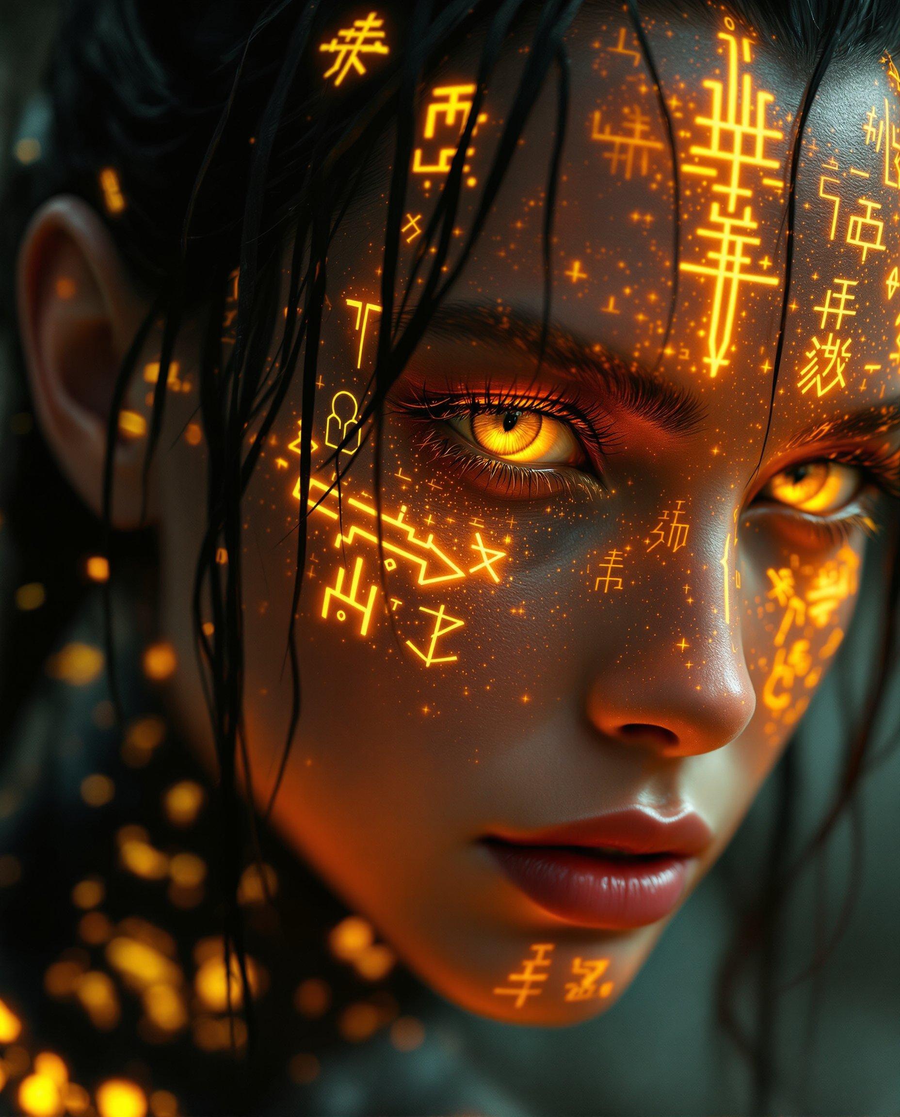 masterpiece, best quality, highres, sharp image, more detail, This image is a realistic photo (photograph) of a female real person digital artwork that features a closeup of a persons face. The art style is highly detailed and realistic with a touch of realism, as evidenced by the glowing golden symbols and patterns on the skin and hair. The medium appears to be a digital painting, given the smooth blending of colors and the lack of texture that might be present in a traditional painting.The colors in the image are rich and vibrant, with a predominance of oranges, yellows, and blacks. The golden symbols and patterns on the skin and hair are the most striking feature, emitting a fiery glow that stands out against the darker tones of the background. The persons eyes are a deep, intense yellow, which adds to the overall dramatic effect of the image.The objects in the image are primarily the persons hair and skin. The hair is dark and appears to be wet or slicked down, with strands sticking up in places. It has a rough texture, and there are golden symbols and patterns woven into it. The skin is smooth and detailed, with realistic shadows and highlights that give it a threedimensional appearance. The golden symbols and patterns on the skin are intricate and angular, resembling a futuristic or alien language.Overall, the image is a powerful and striking piece of digital art that combines realistic elements with realistic touches, creating a visually compelling and thoughtprovoking piece.