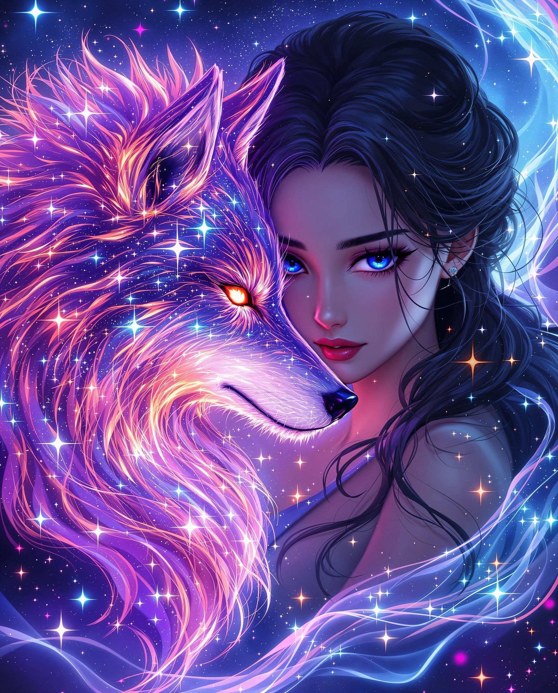masterpiece, best quality, highres, sharp image, more detail <lora:more_details:0.5> <lora:SDXLrender_v2.0:1>, This image is a realistic photo (photograph) of a female real person digital artwork that exudes a sense of realism and mystique. The art style is reminiscent of anime with its clean lines, detailed shading, and the stylized features of the characters. The medium appears to be a digital painting, given the smooth blending of colors and the lack of texture that one might find in traditional mediums.The colors in the image are vibrant and dynamic, with a predominance of purples, pinks, blues, and touches of fiery oranges and reds. These colors create a dramatic and otherworldly atmosphere. The purple and pink hues give the image a sense of realism and enchantment, while the blues and fiery colors add to the magical and mystical feel.The objects in the image are the central figure and a mystical creature. The central figure is a female with dark hair and piercing blue eyes. Her hair is styled in a way that it flows around her shoulders and back, and it is adorned with sparkling details that resemble stars or small crystals. Her eyes are detailed with a reflection of the surrounding cosmic elements, adding to the mystique of her character.The mystical creature is a wolflike being that is intertwined with the cosmic energy around. It has a luminous, sparkling appearance, with its fur resembling a galaxy of stars. Its eyes glow with a fiery red light, and it has a majestic and powerful presence. The creatures head is turned towards the viewer, giving it a sense of connection and engagement.The background of the image is filled with swirling cosmic patterns and stars, creating a sense of depth and continuity with the mystical creature. The cosmic energy is depicted with a dynamic flow, as if it is pulsating and alive, further enhancing the magical and otherworldly feel of the artwork.Overall, the image is a captivating blend of realism, mystique, and cosmic wonder, inviting the viewer into a world filled with enchantment and the unknown.