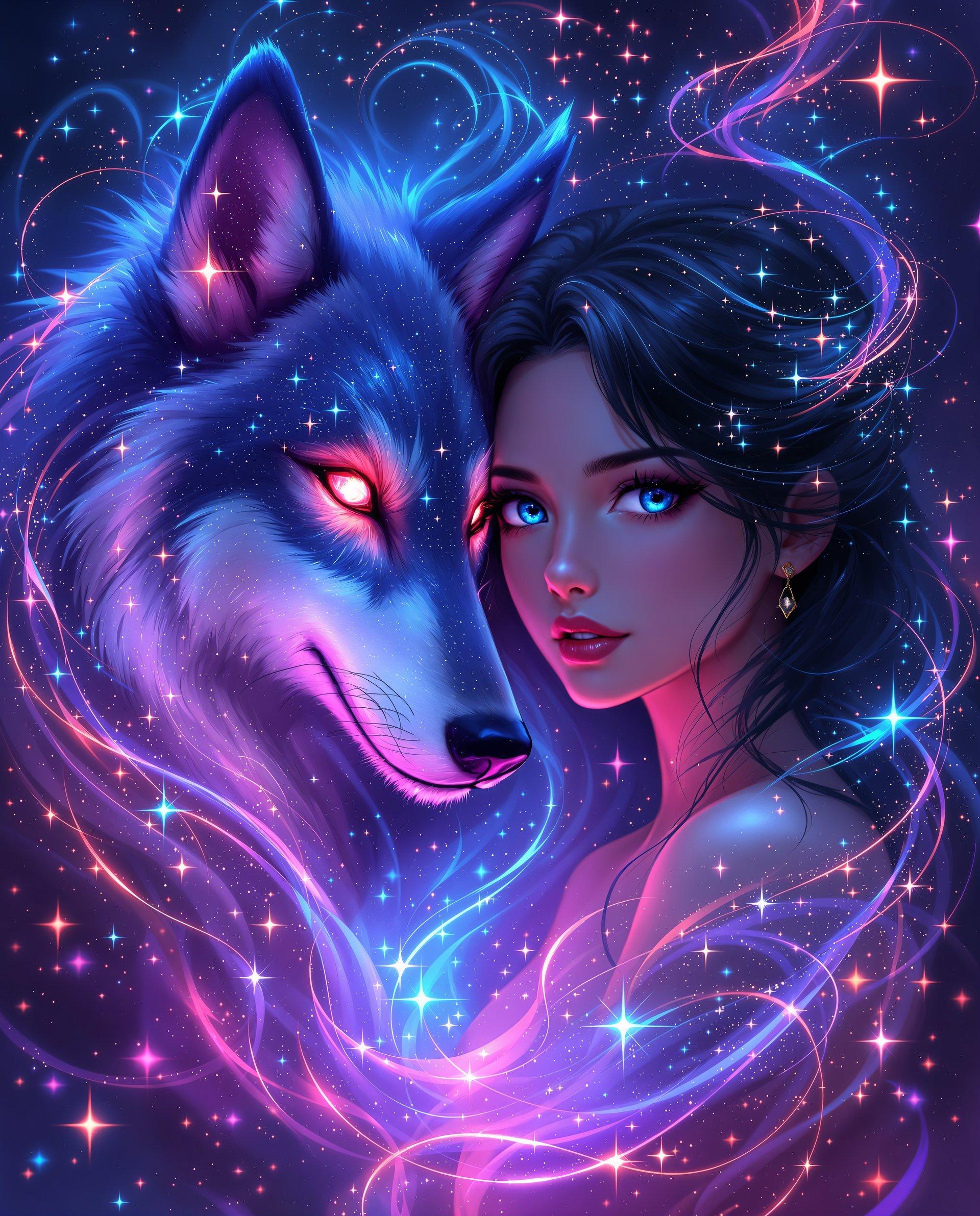 masterpiece, best quality, highres, sharp image, more detail <lora:more_details:0.5> <lora:SDXLrender_v2.0:1>, This image is a realistic photo (photograph) of a female real person digital artwork that exudes a sense of realism and mystique. The art style is reminiscent of anime with its clean lines, detailed shading, and the stylized features of the characters. The medium appears to be a digital painting, given the smooth blending of colors and the lack of texture that one might find in traditional mediums.The colors in the image are vibrant and dynamic, with a predominance of purples, pinks, blues, and touches of fiery oranges and reds. These colors create a dramatic and otherworldly atmosphere. The purple and pink hues give the image a sense of realism and enchantment, while the blues and fiery colors add to the magical and mystical feel.The objects in the image are the central figure and a mystical creature. The central figure is a female with dark hair and piercing blue eyes. Her hair is styled in a way that it flows around her shoulders and back, and it is adorned with sparkling details that resemble stars or small crystals. Her eyes are detailed with a reflection of the surrounding cosmic elements, adding to the mystique of her character.The mystical creature is a wolflike being that is intertwined with the cosmic energy around. It has a luminous, sparkling appearance, with its fur resembling a galaxy of stars. Its eyes glow with a fiery red light, and it has a majestic and powerful presence. The creatures head is turned towards the viewer, giving it a sense of connection and engagement.The background of the image is filled with swirling cosmic patterns and stars, creating a sense of depth and continuity with the mystical creature. The cosmic energy is depicted with a dynamic flow, as if it is pulsating and alive, further enhancing the magical and otherworldly feel of the artwork.Overall, the image is a captivating blend of realism, mystique, and cosmic wonder, inviting the viewer into a world filled with enchantment and the unknown.