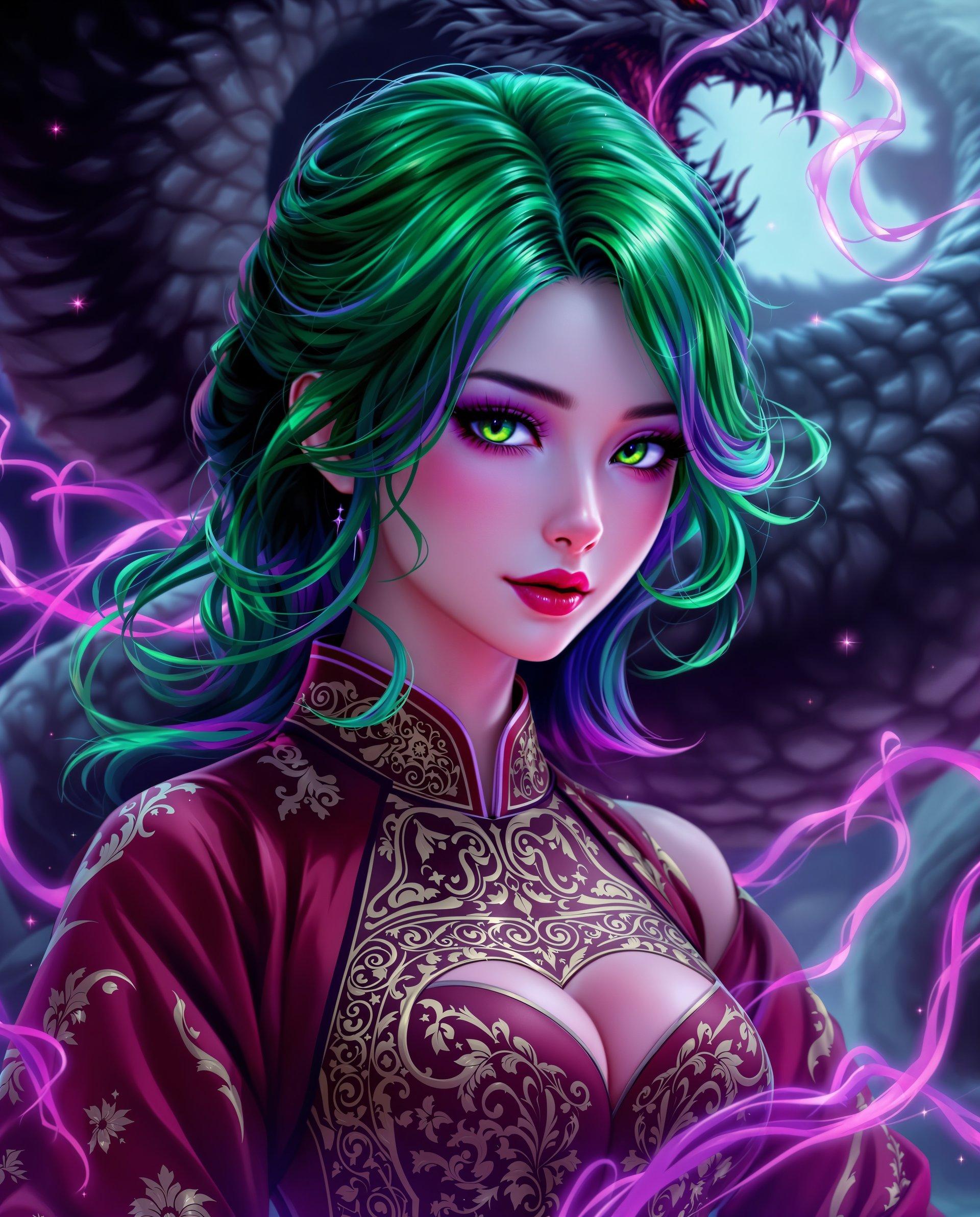 masterpiece, best quality, highres, sharp image, more detail <lora:more_details:0.5> <lora:SDXLrender_v2.0:1>, This is a realistic photo (photograph) of a female real person image that appears to be digitally created, showcasing a character with a realistic aesthetic. The art style is reminiscent of realism, with a focus on detailed line work, smooth shading, and a high level of color saturation.The medium seems to be a digital painting, as evidenced by the clean lines and the way the colors blend together. The image has a high resolution, allowing for the intricate details to be appreciated.The colors in the image are vibrant and rich, with a predominance of purples, pinks, and greens. These colors create a dramatic and somewhat ominous atmosphere. The characters hair is a striking shade of green, with hints of purple, and it flows in waves around her shoulders. The character is wearing a traditional outfit with a high neckline and a deep red color, which contrasts nicely with the green hair. The outfit is adorned with intricate patterns and designs, which are highlighted by the lighting in the image.In the background, there is a dark, swirling mass that resembles a dragon or a nebula, with tendrils of pink and purple that suggest movement and energy. This adds to the realistic theme of the image.Overall, the image is a visually striking piece of realism art that combines elements of traditional and digital art techniques to create a compelling and immersive visual experience.