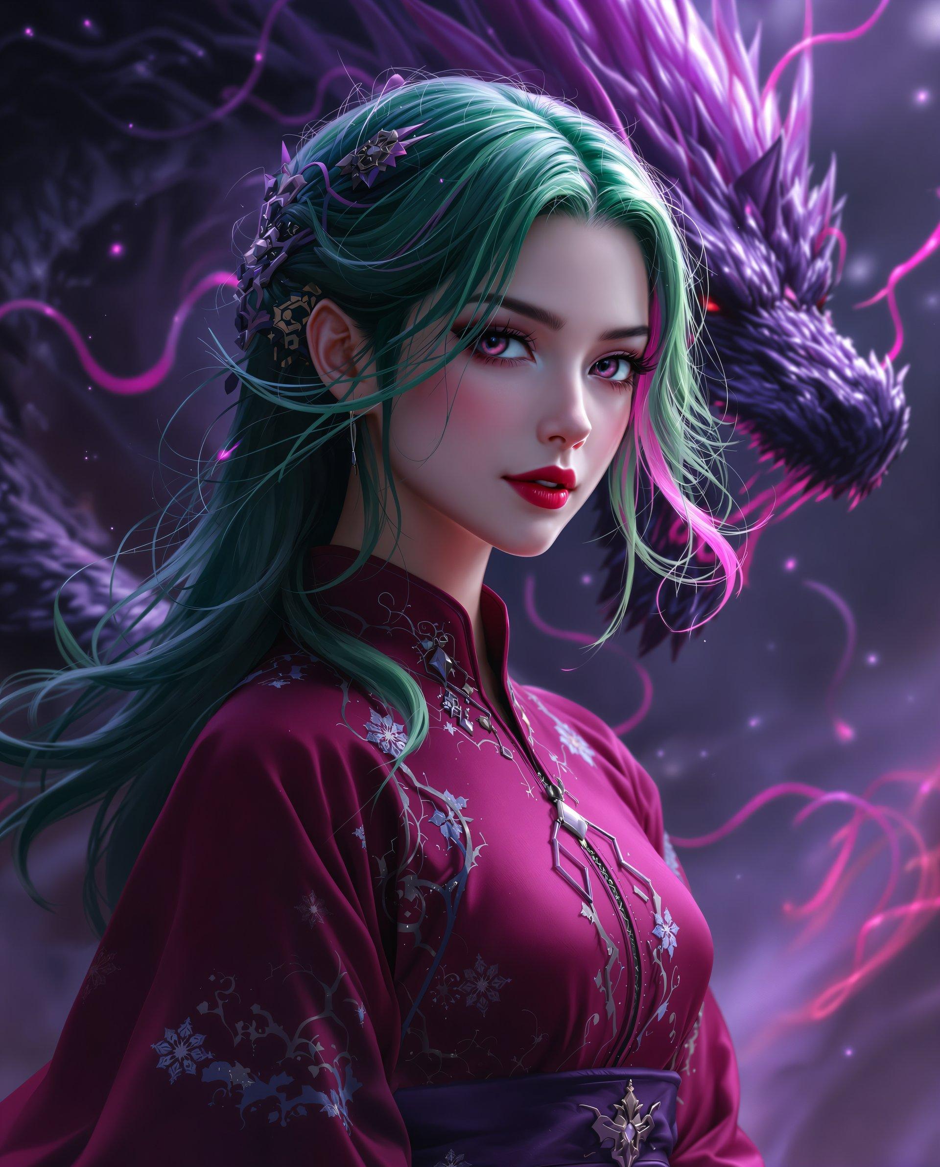 masterpiece, best quality, highres, sharp image, more detail <lora:more_details:0.5> <lora:SDXLrender_v2.0:1>, This is a realistic photo (photograph) of a female real person image that appears to be digitally created, showcasing a character with a realistic aesthetic. The art style is reminiscent of realism, with a focus on detailed line work, smooth shading, and a high level of color saturation.The medium seems to be a digital painting, as evidenced by the clean lines and the way the colors blend together. The image has a high resolution, allowing for the intricate details to be appreciated.The colors in the image are vibrant and rich, with a predominance of purples, pinks, and greens. These colors create a dramatic and somewhat ominous atmosphere. The characters hair is a striking shade of green, with hints of purple, and it flows in waves around her shoulders. The character is wearing a traditional outfit with a high neckline and a deep red color, which contrasts nicely with the green hair. The outfit is adorned with intricate patterns and designs, which are highlighted by the lighting in the image.In the background, there is a dark, swirling mass that resembles a dragon or a nebula, with tendrils of pink and purple that suggest movement and energy. This adds to the realistic theme of the image.Overall, the image is a visually striking piece of realism art that combines elements of traditional and digital art techniques to create a compelling and immersive visual experience.