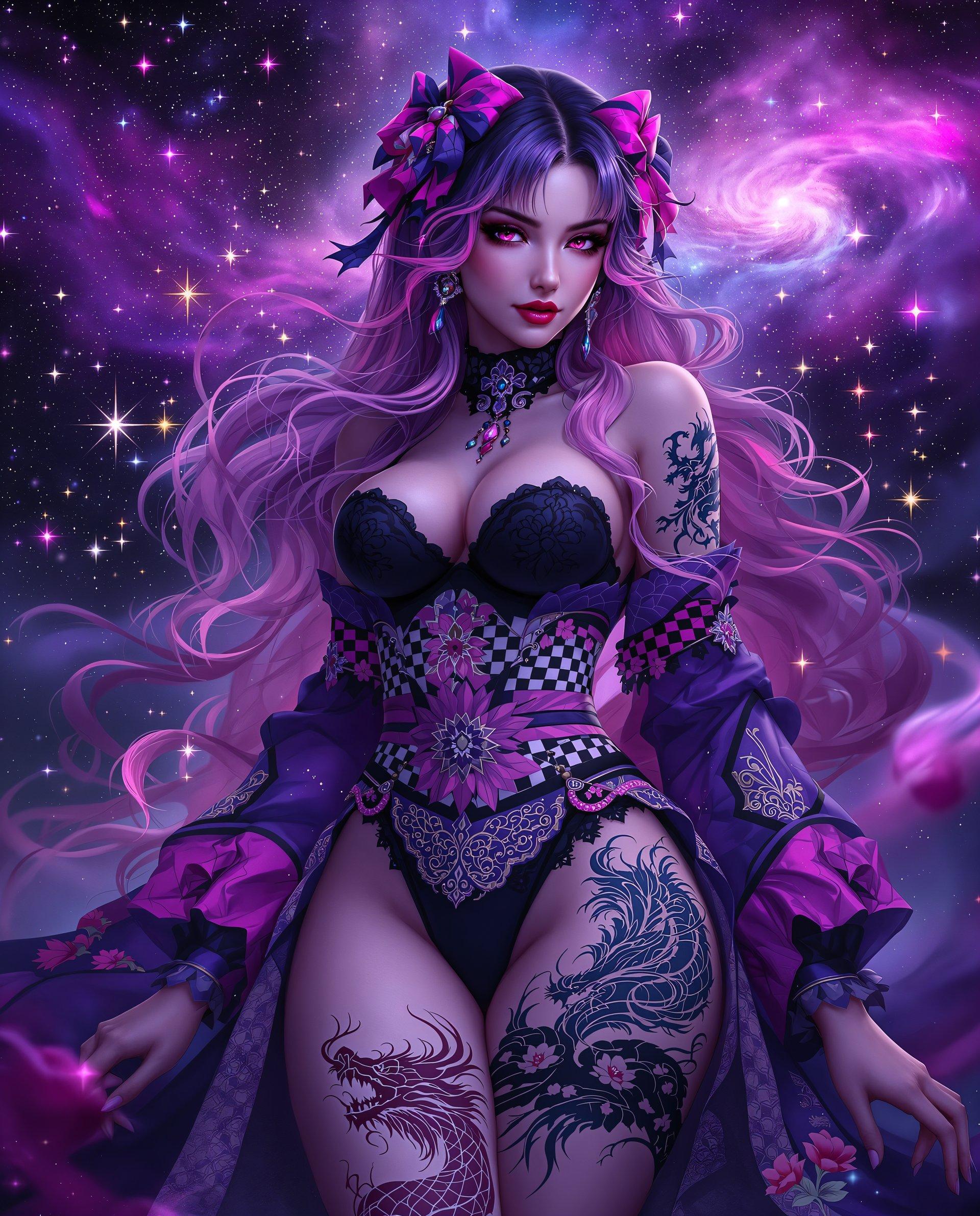 masterpiece, best quality, highres, sharp image, more detail <lora:more_details:0.5> <lora:SDXLrender_v2.0:1>, This image is a realistic photo (photograph) of a female real person digital artwork that exudes a sense of realism and mystique. The art style is reminiscent of digital painting with a touch of realistic influence, characterized by its smooth lines, vibrant colors, and the detailed rendering of textures and patterns.The medium appears to be a highresolution digital canvas, given the clarity and depth of the image. The colors are rich and dynamic, with a predominance of purples, pinks, blues, and blacks, creating a moody and atmospheric effect. The interplay of light and shadow adds to the threedimensional quality of the artwork.The objects in the image are numerous and intricate. At the forefront, we see a figure that appears to be a woman, with long, flowing hair that cascades in waves and curls, adorned with a bow that matches the vibrant hues of her outfit. Her skin is a gradient of pinks and purples, with a translucent quality that allows the underlying cosmic backdrop to shine through. She is wearing a traditional garment with a modern twist, featuring a black bodice with floral patterns and a checkered pattern on the sleeves and waistband. The garment is detailed with lace and beadwork, adding to the opulence of the attire. On her thigh, there is a tattoo of a dragon, which is a recurring motif in the artwork. The dragon is rendered in a similar style to the womans hair and outfit, with a gradient of purples and pinks, and intricate detailing that gives it a sense of movement and power.In the background, there is a cosmic scene filled with stars, nebulae, and galaxies, all rendered in a spectrum of purples and pinks. The stars twinkle with a soft luminescence, and the nebulae and galaxies are depicted with swirling patterns and gradients of color, creating a sense of depth and vastness.Overall, the image is a stunning example of digital realistic art, with a rich narrative and a visually compelling aesthetic.