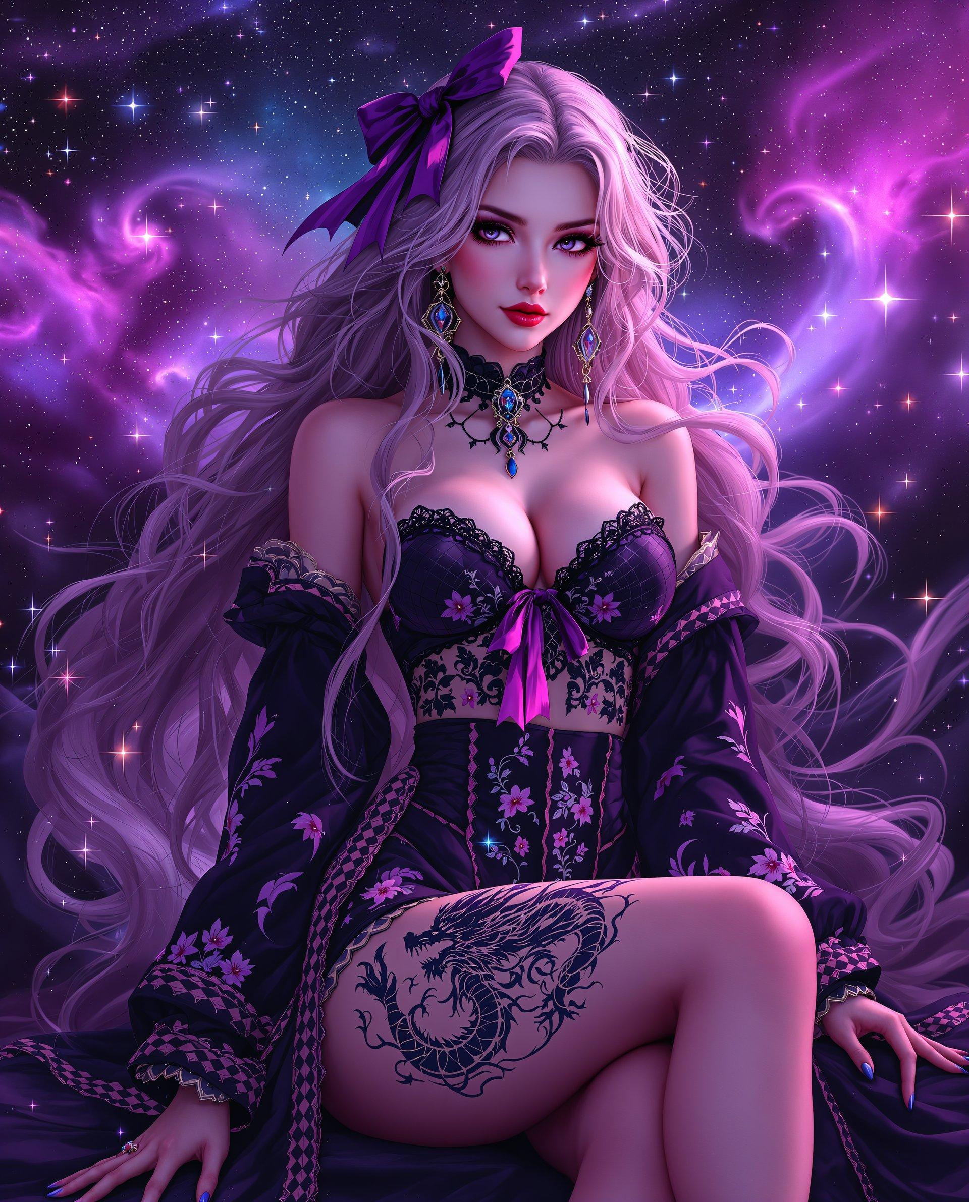 masterpiece, best quality, highres, sharp image, more detail <lora:more_details:0.5> <lora:SDXLrender_v2.0:1>, This image is a realistic photo (photograph) of a female real person digital artwork that exudes a sense of realism and mystique. The art style is reminiscent of digital painting with a touch of realistic influence, characterized by its smooth lines, vibrant colors, and the detailed rendering of textures and patterns.The medium appears to be a highresolution digital canvas, given the clarity and depth of the image. The colors are rich and dynamic, with a predominance of purples, pinks, blues, and blacks, creating a moody and atmospheric effect. The interplay of light and shadow adds to the threedimensional quality of the artwork.The objects in the image are numerous and intricate. At the forefront, we see a figure that appears to be a woman, with long, flowing hair that cascades in waves and curls, adorned with a bow that matches the vibrant hues of her outfit. Her skin is a gradient of pinks and purples, with a translucent quality that allows the underlying cosmic backdrop to shine through. She is wearing a traditional garment with a modern twist, featuring a black bodice with floral patterns and a checkered pattern on the sleeves and waistband. The garment is detailed with lace and beadwork, adding to the opulence of the attire. On her thigh, there is a tattoo of a dragon, which is a recurring motif in the artwork. The dragon is rendered in a similar style to the womans hair and outfit, with a gradient of purples and pinks, and intricate detailing that gives it a sense of movement and power.In the background, there is a cosmic scene filled with stars, nebulae, and galaxies, all rendered in a spectrum of purples and pinks. The stars twinkle with a soft luminescence, and the nebulae and galaxies are depicted with swirling patterns and gradients of color, creating a sense of depth and vastness.Overall, the image is a stunning example of digital realistic art, with a rich narrative and a visually compelling aesthetic.