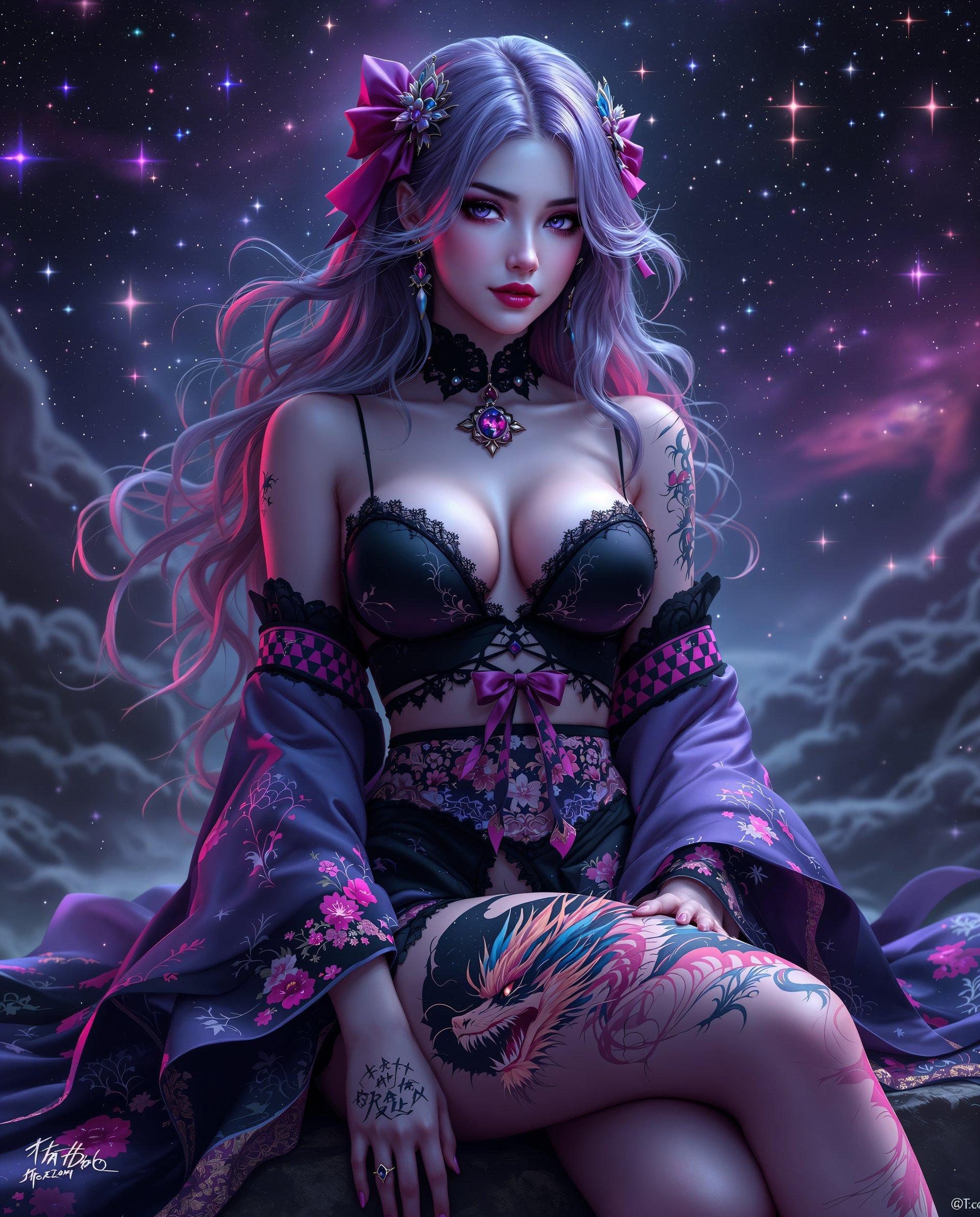 masterpiece, best quality, highres, sharp image, more detail <lora:more_details:0.5> <lora:SDXLrender_v2.0:1>, This image is a realistic photo (photograph) of a female real person digital artwork that exudes a sense of realism and mystique. The art style is reminiscent of digital painting with a touch of realistic influence, characterized by its smooth lines, vibrant colors, and the detailed rendering of textures and patterns.The medium appears to be a highresolution digital canvas, given the clarity and depth of the image. The colors are rich and dynamic, with a predominance of purples, pinks, blues, and blacks, creating a moody and atmospheric effect. The interplay of light and shadow adds to the threedimensional quality of the artwork.The objects in the image are numerous and intricate. At the forefront, we see a figure that appears to be a woman, with long, flowing hair that cascades in waves and curls, adorned with a bow that matches the vibrant hues of her outfit. Her skin is a gradient of pinks and purples, with a translucent quality that allows the underlying cosmic backdrop to shine through. She is wearing a traditional garment with a modern twist, featuring a black bodice with floral patterns and a checkered pattern on the sleeves and waistband. The garment is detailed with lace and beadwork, adding to the opulence of the attire. On her thigh, there is a tattoo of a dragon, which is a recurring motif in the artwork. The dragon is rendered in a similar style to the womans hair and outfit, with a gradient of purples and pinks, and intricate detailing that gives it a sense of movement and power.In the background, there is a cosmic scene filled with stars, nebulae, and galaxies, all rendered in a spectrum of purples and pinks. The stars twinkle with a soft luminescence, and the nebulae and galaxies are depicted with swirling patterns and gradients of color, creating a sense of depth and vastness.Overall, the image is a stunning example of digital realistic art, with a rich narrative and a visually compelling aesthetic.