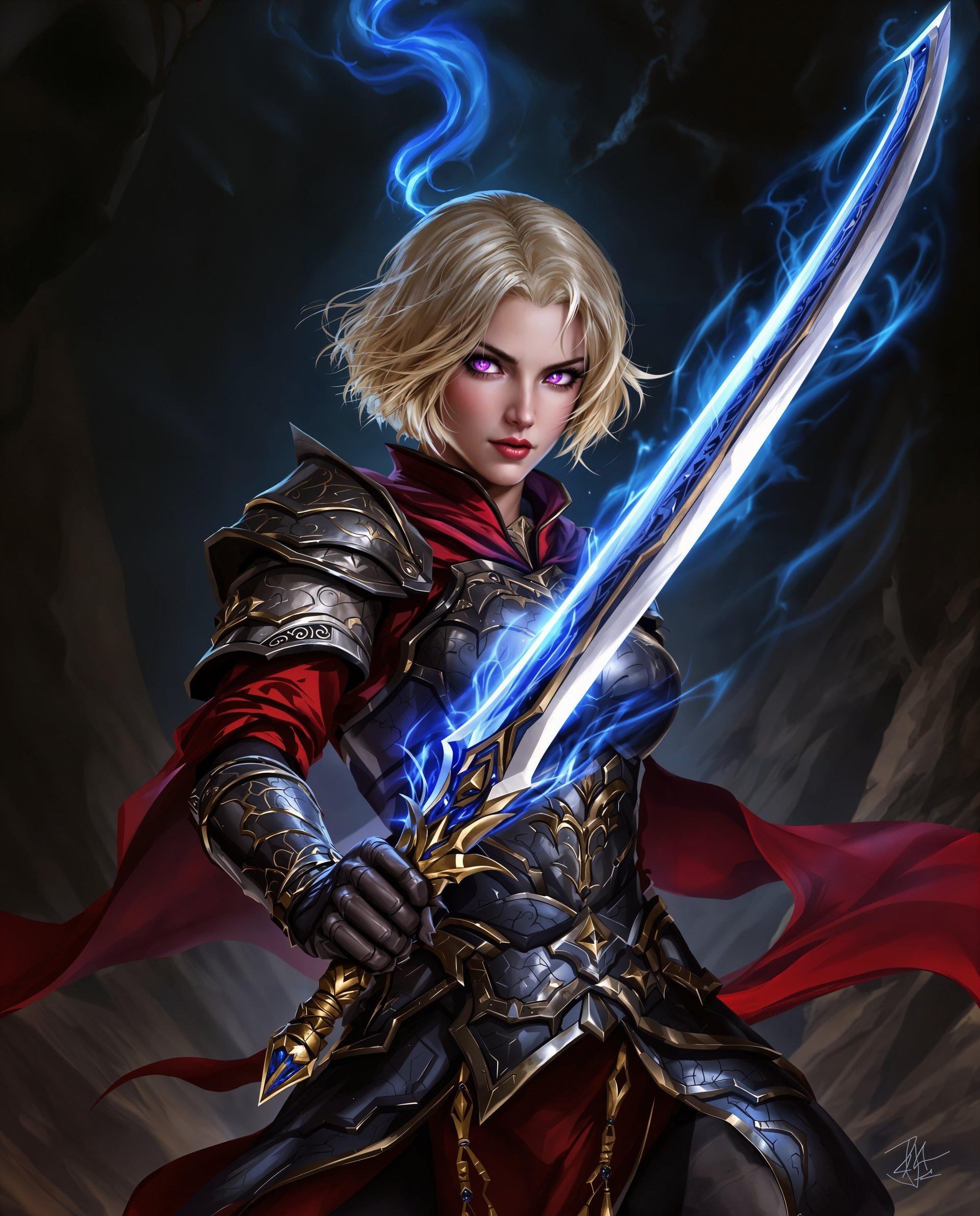 masterpiece, best quality, highres, sharp image, more detail <lora:more_details:0.5> <lora:SDXLrender_v2.0:1>, masterpiece, best quality, highres, sharp image, more detail, This is a realistic photo (photograph) of a female real person digital artwork that features a female warrior in a dynamic combat stance. The art style is reminiscent of realism with a blend of realistic elements, characterized by its detailed line work, vibrant colors, and exaggerated proportions. The medium appears to be a highresolution digital painting, utilizing advanced shading and lighting techniques to create a realistic and immersive visual experience.The warrior is clad in ornate armor with a mix of metallic and red tones, which gives her a formidable appearance. The armor is adorned with intricate designs and patterns, suggesting a high level of craftsmanship and status. The red accents on her armor and clothing add a pop of color that contrasts with the predominantly dark tones, drawing attention to her figure and the sword she wields.The warriors hair is blonde and cut in a short, bobstyle, which frames her face and adds to her determined expression. Her eyes are a striking shade of purple, which is a common trait in realism art to denote mystical or supernatural abilities.She is holding a long, curved sword with a blue glow emanating from the hilt, indicating the presence of magical energy. The swords blade is detailed with a pattern that complements the armors design, and the way it reflects the light gives it a sense of depth and realism.The background is a dark, cavernous space with jagged rock formations and a swirling blue energy that seems to be emanating from the top, creating a sense of otherworldliness and tension. The interplay of light and shadow in the background adds to the drama of the scene, highlighting the warrior as the focal point.Overall, the image conveys a strong sense of action and readiness for battle, with a blend of realistic influences that make it both visually appealing and thematically engaging.