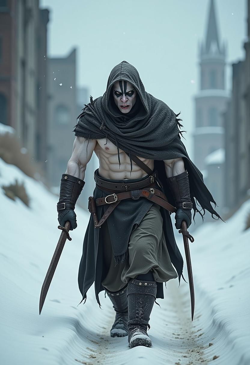 white, thick skin with visible texture marches through dirty snow towards the frame. On his menacing, expressive face is imprinted a black hand-symbol of the clunker, creating contrast with the light complexion. He wears a tattered, heavy hood and thick leathers. In his hands he holds two barbaric, rusty swords. In the background a ruined city, from the sky falls metallic dust. 8k full hd. dark sf.