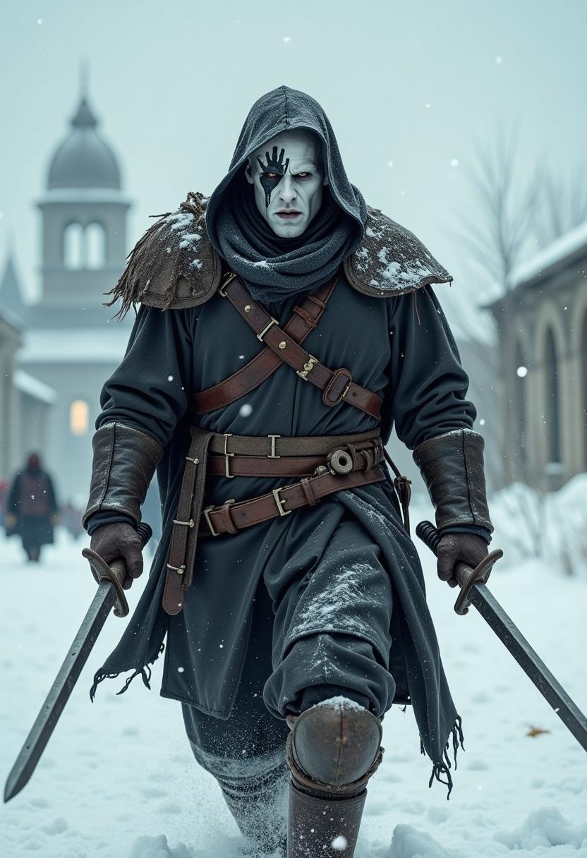 white, thick skin with visible texture marches through dirty snow towards the frame. On his menacing, expressive face is imprinted a black hand-symbol of the clunker, creating contrast with the light complexion. He wears a tattered, heavy hood and thick leathers. In his hands he holds two barbaric, rusty swords. In the background a ruined city, from the sky falls metallic dust. 8k full hd. dark sf.