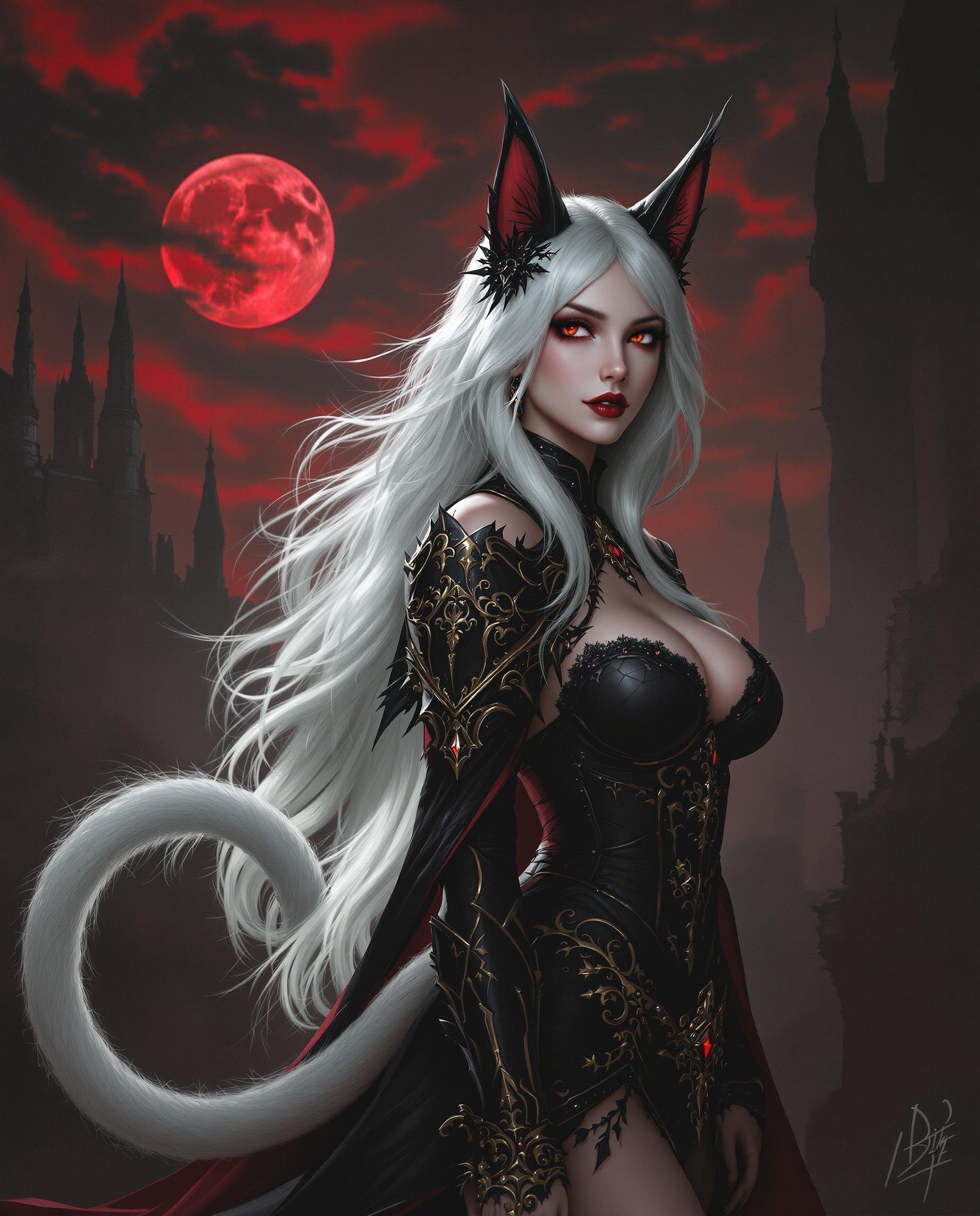 masterpiece, best quality, highres, sharp image, more detail, This is a realistic photo (photograph) of a female real person image that depicts a character with a realistic aesthetic, featuring a blend of gothic and realistic influences. The character is a humanoid figure with catlike ears and a long, white tail, suggesting a possible feline or mythical inspiration. The art style is highly detailed and stylized, with a focus on smooth lines and intricate patterns.The medium appears to be digital painting, given the high level of detail and the seamless blending of colors. The use of lighting and shadow adds depth and realism to the image, enhancing the threedimensional quality.The color palette is rich and moody, dominated by shades of red, black, and white. The reds range from deep crimson to bright scarlet, creating a dramatic and somewhat ominous atmosphere. The blacks are deep and inky, providing a stark contrast to the lighter colors. The white of the characters hair and tail stands out against the darker background, drawing the viewers eye and adding to the overall sense of otherworldliness.Objects in the image include the character themselves, adorned in ornate armor with gothic elements, such as pointed arches and intricate filigree work. The armor is primarily black with gold accents, and the character wears a corsetstyle bodice with lace and gem embellishments. The characters tail curls elegantly behind them, and they have catlike ears with pointed tips. The setting appears to be a dark, ancient cityscape with towering buildings and a bloodred sky, suggesting a scene from a realistic or gothic narrative. The moon in the sky is also red, contributing to the overall eerie and mysterious ambiance of the image.