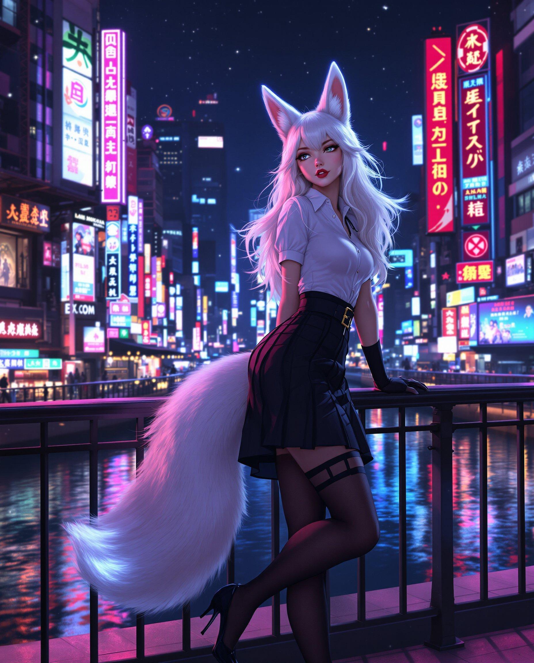 masterpiece, best quality, highres, sharp image, more detail <lora:more_details:0.5> <lora:SDXLrender_v2.0:1>, A hyperrealistic digital painting depicting a modern urban night scene with a captivating anthropomorphic fox character. The character, dressed in a **shortsleeved white collared shirt**, a **pleated black skirt** cinched with a thin black belt, **black stockings** held by a garter belt, and **high heels**, exudes elegance and sophistication. Her **long, flowing white hair** cascades down her back, contrasting sharply with the dark cityscape, and her **bushy white tail** curves gracefully, its tip glowing with a **soft, luminescent blue light**.

**Composition**: The character is positioned at a railing overlooking the city. She leans forward, one hand resting on the railing while the other extends outward, either reaching for something or gesturing with a certain intensity. The camera angle is slightly low, looking up at her to emphasize her prominence in the scene.

**Setting**: The urban environment is vibrant and alive at night. **Neon signs and illuminated billboards** cast a kaleidoscope of colors across the scene, reflecting off the **water in the foreground** with a **moody, shimmering effect**. The **dark sky** is speckled with **stars**, adding depth and a touch of magic to the realism.

**Artistic Style**: The image is executed in a **realistic style** with **clean lines** and **exaggerated features** to highlight the character's fox-like traits. **Digital painting** techniques allow for **smooth color gradients** and a **lack of traditional painting textures**, giving the image a polished, contemporary feel. **Colors** are **rich and varied**, with **deep blues and purples** dominating the night scene, contrasted by the **bright neon lights** and **warm tones** of the city lights.

**Mood and Atmosphere**: The scene conveys a sense of **nocturnal energy** and **urban sophistication**. The **glowing tail** adds an element of fantasy to the otherwise realistic setting, creating an atmosphere of mystery and allure.

**Technical Aspects**: The image employs **depth of field** to keep the character in sharp focus while the background subtly blurs, enhancing the visual hierarchy. **Lighting** is crucial, with the neon lights casting **colorful reflections** on the character's skin and clothing, creating a dynamic interplay of light and shadow. **HDR techniques** might be used to capture the wide range of light values from the dark shadows to the bright highlights of the city lights.