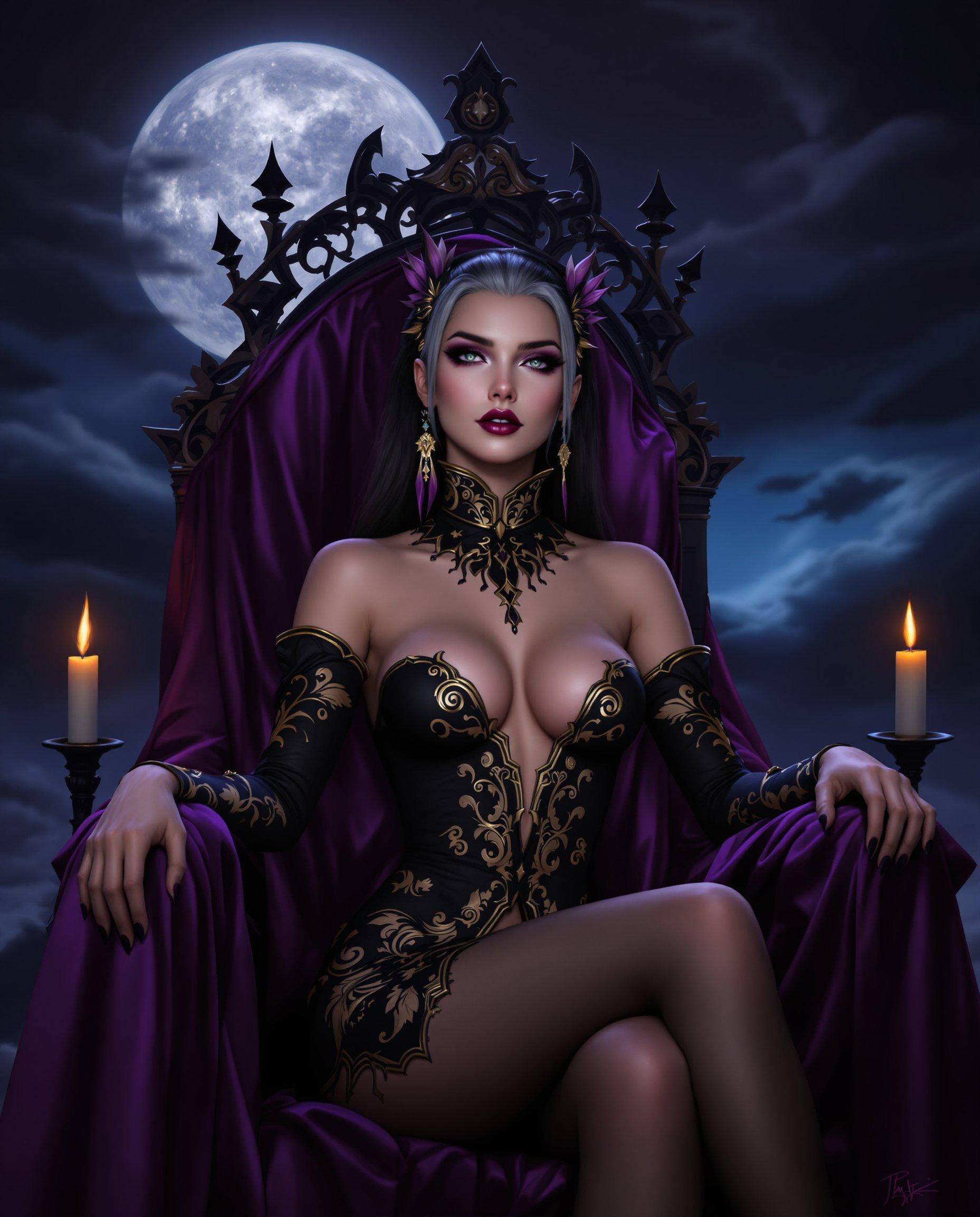 masterpiece, best quality, highres, sharp image, more detail, This is a realistic photo (photograph) of a female real person highresolution digital artwork that features a stylized female figure with a gothic and realistic theme. The medium appears to be a digital painting, utilizing advanced techniques to create a realistic and detailed depiction of the subject and the surrounding environment. The image has a high level of detail, from the intricate patterns on the clothing to the smooth texture of the skin.The colors in the image are rich and dramatic, with a predominance of purples and blacks that contribute to the gothic and mysterious mood. The figures outfit is primarily black with gold and purple accents, which stand out against the darker background. The figures skin is a realistic, warm tone, providing a contrast to the cool colors of her clothing.The objects in the image are minimal but contribute to the overall gothic atmosphere. There are a few candles in the background, which cast a flickering light, and a large, full moon in the sky, which adds to the nighttime setting. The figure is seated on a thronelike structure with a purple cloth draped over it, which complements the overall color scheme of the image.Overall, the image is a wellcrafted piece of digital art that captures the essence of gothic realism with its detailed depiction of the character, moody color palette, and atmospheric setting.