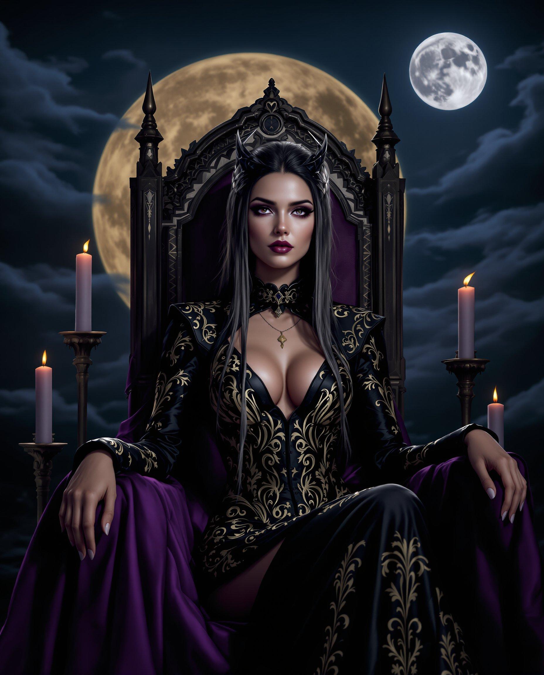 masterpiece, best quality, highres, sharp image, more detail, This is a realistic photo (photograph) of a female real person highresolution digital artwork that features a stylized female figure with a gothic and realistic theme. The medium appears to be a digital painting, utilizing advanced techniques to create a realistic and detailed depiction of the subject and the surrounding environment. The image has a high level of detail, from the intricate patterns on the clothing to the smooth texture of the skin.The colors in the image are rich and dramatic, with a predominance of purples and blacks that contribute to the gothic and mysterious mood. The figures outfit is primarily black with gold and purple accents, which stand out against the darker background. The figures skin is a realistic, warm tone, providing a contrast to the cool colors of her clothing.The objects in the image are minimal but contribute to the overall gothic atmosphere. There are a few candles in the background, which cast a flickering light, and a large, full moon in the sky, which adds to the nighttime setting. The figure is seated on a thronelike structure with a purple cloth draped over it, which complements the overall color scheme of the image.Overall, the image is a wellcrafted piece of digital art that captures the essence of gothic realism with its detailed depiction of the character, moody color palette, and atmospheric setting.