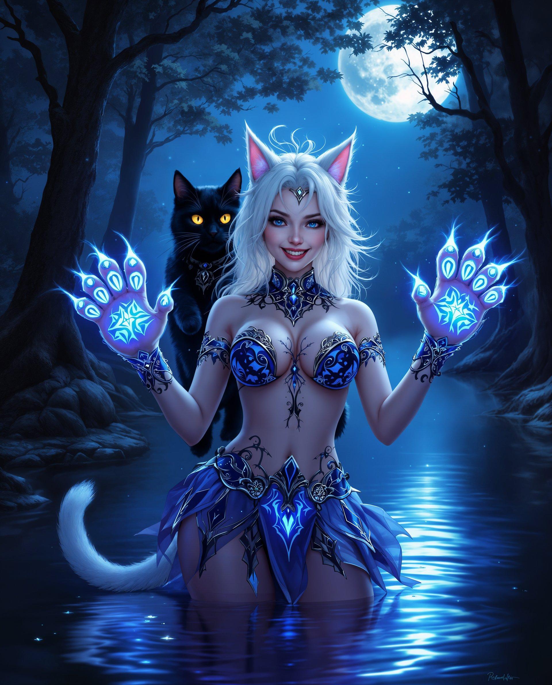 masterpiece, best quality, highres, sharp image, more detail, masterpiece, best quality, highres, sharp image, more detail, This is a realistic photo (photograph) of a female real person intricate and detailed realistic art piece, rich in symbolism and vibrant in color.  The medium appears to be digital painting, given the smooth blending of colors and the lack of texture that might be present in traditional mediums like oil or watercolor. The colors are bold and dynamic, with a predominance of blues, purples, and blacks, which give the image a nocturnal and mystical feel. The use of white and silver highlights adds to the ethereal quality of the scene.The objects in the image are numerous and contribute to the realism narrative. At the forefront, there is a humanoid figure with white hair and catlike ears and tail, suggesting a mythical creature with human and feline traits. The figure is wearing a detailed costume that includes a bodice with intricate patterns and a matching skirt, both adorned with glowing blue designs that seem to emanate from within.The figures arms are raised, revealing large, detailed paw pads with a similar glowing blue pattern, which are reminiscent of a cats paws. The figures expression is one of joy and playfulness, as evidenced by the wide smile and sparkling eyes.Behind the figure, there is a black cat with piercing yellow eyes, which adds to the mystical atmosphere of the scene. The cats fur is detailed with lighter spots and stripes, and it seems to be in midleap, with one paw extended towards the viewer.The background of the image is a dark, moonlit forest with towering trees and a full moon illuminating the scene. The moonlight filters through the leaves, casting a mystical glow on the water below, which reflects the light and the silhouettes of the trees. The water is depicted with dynamic ripples and bubbles, adding movement to the otherwise still scene.Overall, the image is a rich tapestry of realistic elements, combining human and animal traits, vibrant colors, and a sense of otherworldly magic.