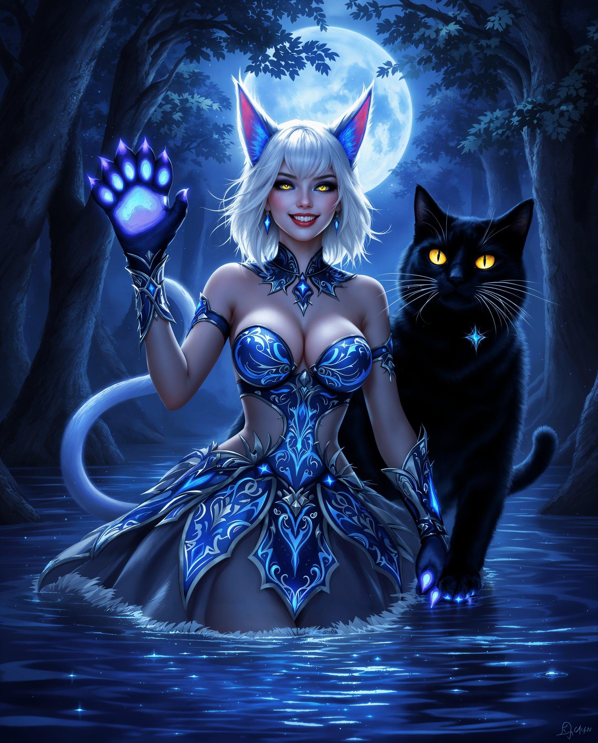 masterpiece, best quality, highres, sharp image, more detail, masterpiece, best quality, highres, sharp image, more detail, This is a realistic photo (photograph) of a female real person intricate and detailed realistic art piece, rich in symbolism and vibrant in color.  The medium appears to be digital painting, given the smooth blending of colors and the lack of texture that might be present in traditional mediums like oil or watercolor. The colors are bold and dynamic, with a predominance of blues, purples, and blacks, which give the image a nocturnal and mystical feel. The use of white and silver highlights adds to the ethereal quality of the scene.The objects in the image are numerous and contribute to the realism narrative. At the forefront, there is a humanoid figure with white hair and catlike ears and tail, suggesting a mythical creature with human and feline traits. The figure is wearing a detailed costume that includes a bodice with intricate patterns and a matching skirt, both adorned with glowing blue designs that seem to emanate from within.The figures arms are raised, revealing large, detailed paw pads with a similar glowing blue pattern, which are reminiscent of a cats paws. The figures expression is one of joy and playfulness, as evidenced by the wide smile and sparkling eyes.Behind the figure, there is a black cat with piercing yellow eyes, which adds to the mystical atmosphere of the scene. The cats fur is detailed with lighter spots and stripes, and it seems to be in midleap, with one paw extended towards the viewer.The background of the image is a dark, moonlit forest with towering trees and a full moon illuminating the scene. The moonlight filters through the leaves, casting a mystical glow on the water below, which reflects the light and the silhouettes of the trees. The water is depicted with dynamic ripples and bubbles, adding movement to the otherwise still scene.Overall, the image is a rich tapestry of realistic elements, combining human and animal traits, vibrant colors, and a sense of otherworldly magic.