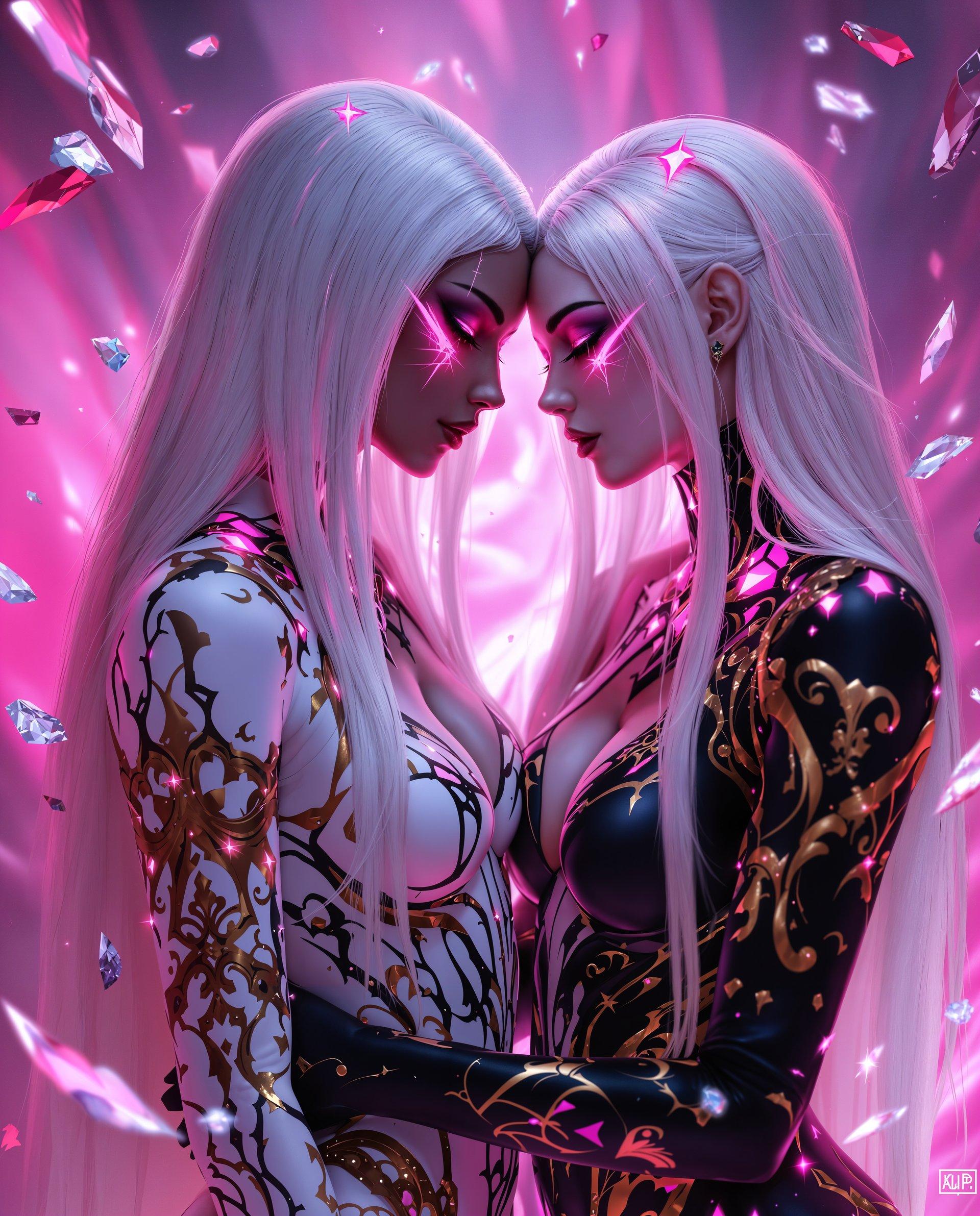 masterpiece, best quality, highres, sharp image, more detail <lora:more_details:0.5> <lora:SDXLrender_v2.0:1>, masterpiece, best quality, highres, sharp image, more detail, This is a realistic photo (photograph) of a female real person digital artwork that features two figures in a close, intimate pose, set against a vibrant and dramatic backdrop.  The medium appears to be digital painting, given the smooth gradients, the lack of texture, and the high level of detail. The lighting in the image is dynamic and creates a sense of depth and movement, with highlights and shadows that give the figures and the background a threedimensional quality.The color palette is dominated by shades of pink, purple, and black, with touches of white and gold. The figures have contrasting hair colors one has long, straight white hair with hints of pink, while the other has long, dark hair with pink highlights. Both figures have glowing pink markings on their faces and bodies, which stand out against their skin tones.The costumes of the figures are elaborate and rich in detail. The figure with white hair is wearing a white bodysuit with black and pink patterns, and the figure with dark hair is wearing a black bodysuit with gold and pink details. Both outfits have a gothic or realistic influence, with intricate designs and embellishments.The background of the image is a swirl of pink and purple hues, with what appears to be shattered glass or crystals scattered throughout. This adds to the magical and ethereal atmosphere of the scene.Overall, the image exudes a sense of realism, romance, and otherworldliness, with a strong emphasis on the emotional connection between the two figures.