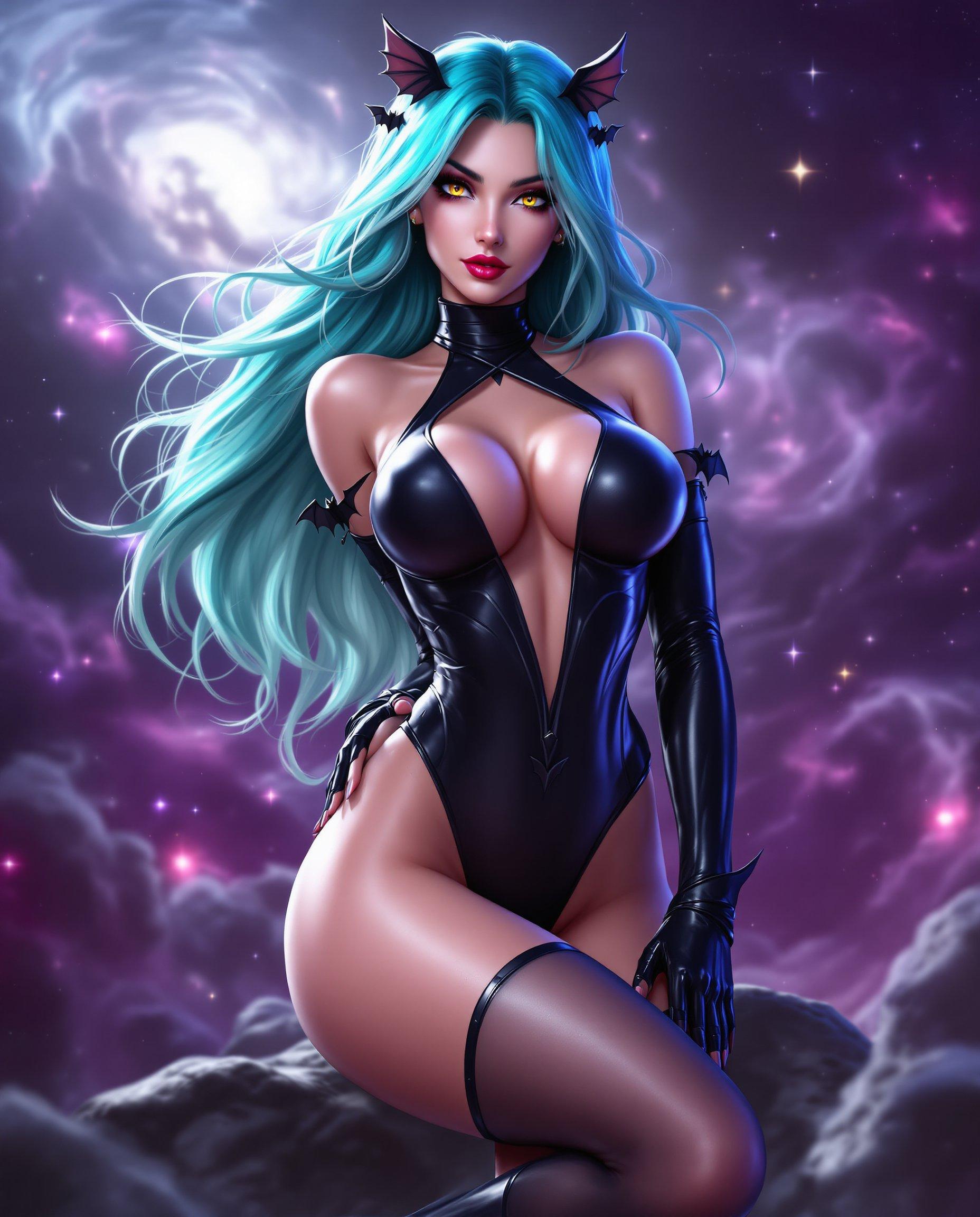 masterpiece, best quality, highres, sharp image, more detail, This is a realistic photo (photograph) of a female real person image of a stylized female character with a realistic theme. The art style is highly detailed and appears to be a digital illustration, with a focus on smooth lines and a high level of shading and texture. The medium seems to be a computergenerated 3D rendering, given the realistic lighting and reflections.The character has long, flowing hair with a gradient of colors ranging from a deep teal at the roots to a lighter, almost aqua blue at the tips. Her hair is adorned with small, batshaped accessories that match the bat motifs on her stockings and shoes.She is wearing a formfitting, black bodysuit with a high neckline and a plunging Vneckline. The bodysuit has a glossy finish and is detailed with featherlike embellishments on the shoulders and arms. The sleeves are long and reach just past her elbows, ending in gloves with batshaped cuffs.Her skin is a light, almost translucent pink, and her eyes are a striking shade of yellow with a hint of green. She has a confident, alluring expression on her face.The character is posed in a suggestive manner, with one hand on her hip and the other gently touching her thigh. Her legs are crossed, and she is wearing highheeled shoes with a similar bat motif.The background is a cosmic scene filled with swirling nebulae and stars, predominantly in shades of purple and pink. The lighting in the scene is dramatic, with highlights and shadows that give the impression of a distant, otherworldly environment.Overall, the image exudes a sense of realism, allure, and power, with a strong emphasis on the characters confident and seductive demeanor.