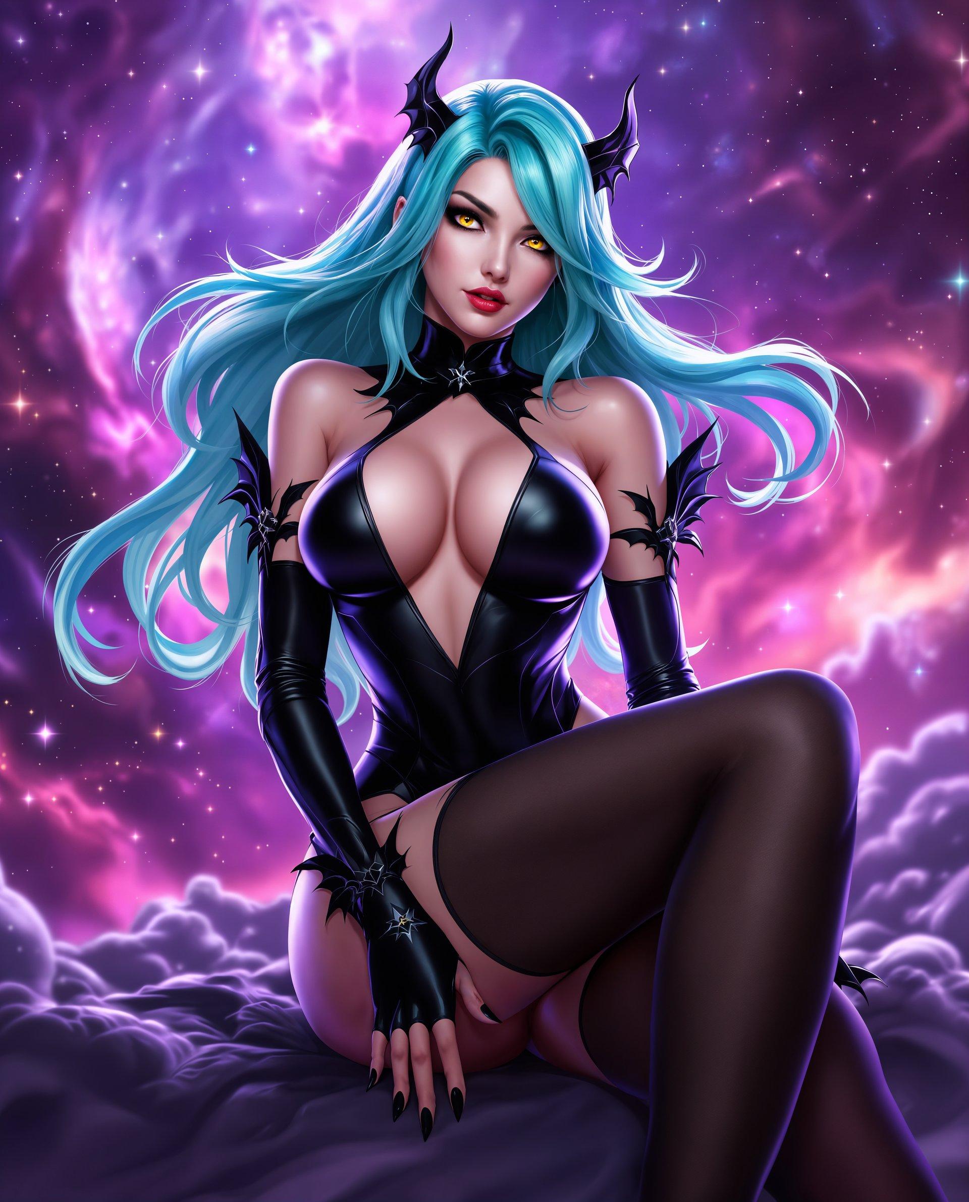 masterpiece, best quality, highres, sharp image, more detail <lora:more_details:0.5> <lora:SDXLrender_v2.0:1>, masterpiece, best quality, highres, sharp image, more detail, This is a realistic photo (photograph) of a female real person image of a stylized female character with a realistic theme. The art style is highly detailed and appears to be a digital illustration, with a focus on smooth lines and a high level of shading and texture. The medium seems to be a computergenerated 3D rendering, given the realistic lighting and reflections.The character has long, flowing hair with a gradient of colors ranging from a deep teal at the roots to a lighter, almost aqua blue at the tips. Her hair is adorned with small, batshaped accessories that match the bat motifs on her stockings and shoes.She is wearing a formfitting, black bodysuit with a high neckline and a plunging Vneckline. The bodysuit has a glossy finish and is detailed with featherlike embellishments on the shoulders and arms. The sleeves are long and reach just past her elbows, ending in gloves with batshaped cuffs.Her skin is a light, almost translucent pink, and her eyes are a striking shade of yellow with a hint of green. She has a confident, alluring expression on her face.The character is posed in a suggestive manner, with one hand on her hip and the other gently touching her thigh. Her legs are crossed, and she is wearing highheeled shoes with a similar bat motif.The background is a cosmic scene filled with swirling nebulae and stars, predominantly in shades of purple and pink. The lighting in the scene is dramatic, with highlights and shadows that give the impression of a distant, otherworldly environment.Overall, the image exudes a sense of realism, allure, and power, with a strong emphasis on the characters confident and seductive demeanor.