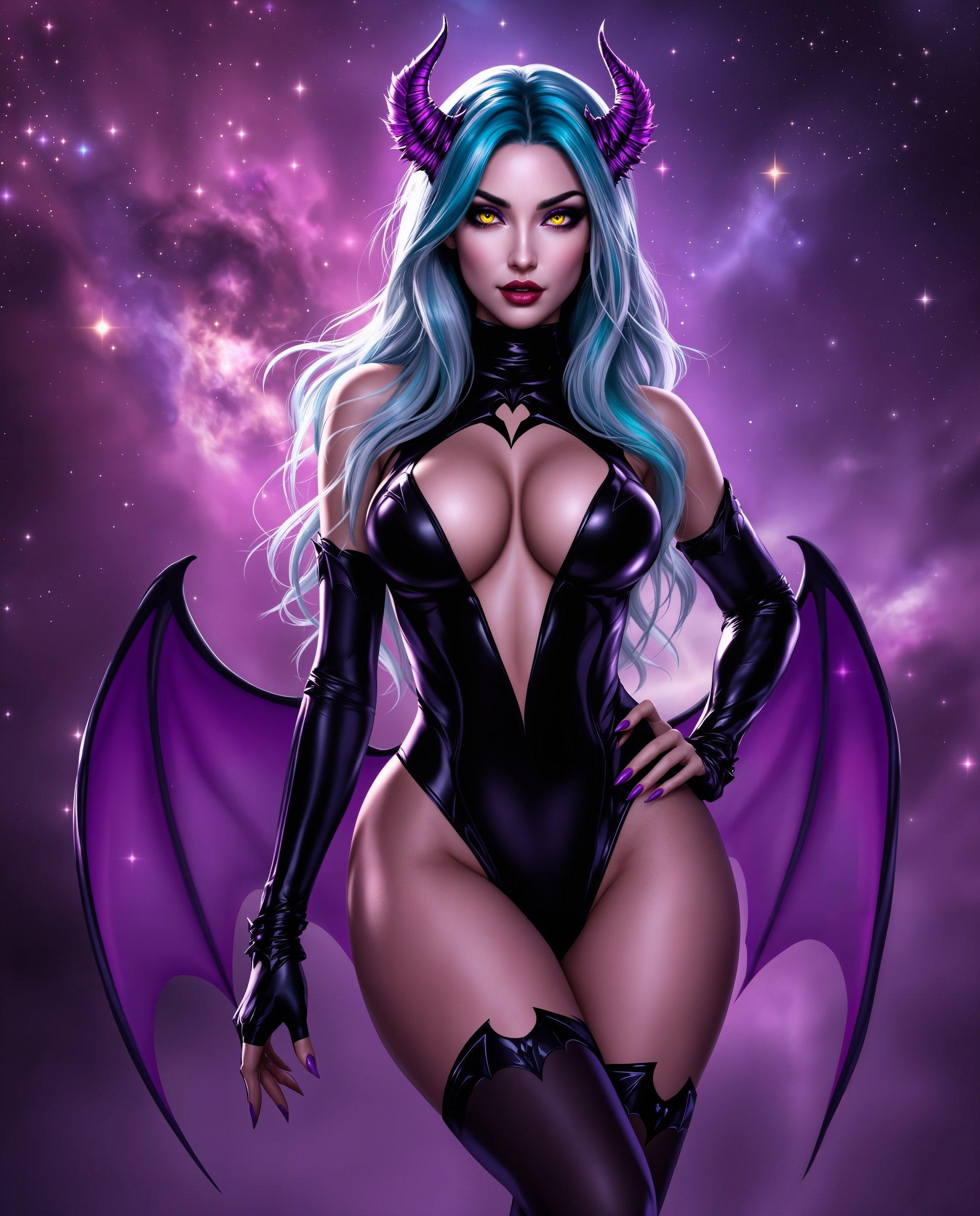masterpiece, best quality, highres, sharp image, more detail, masterpiece, best quality, highres, sharp image, more detail, This is a realistic photo (photograph) of a female real person image of a stylized female character with a realistic theme she has demon purple wings on her hips. The art style is highly detailed and appears to be a digital illustration, with a focus on smooth lines and a high level of shading and texture. The medium seems to be a computergenerated 3D rendering, given the realistic lighting and reflections.The character has long, flowing hair with a gradient of colors ranging from a deep teal at the roots to a lighter, almost aqua blue at the tips. Her hair is adorned with small, batshaped accessories that match the bat motifs on her stockings and shoes.She is wearing a formfitting, black bodysuit with a high neckline and a plunging Vneckline. The bodysuit has a glossy finish and is detailed with featherlike embellishments on the shoulders and arms. The sleeves are long and reach just past her elbows, ending in gloves with batshaped cuffs.Her skin is a light, almost translucent pink, and her eyes are a striking shade of yellow with a hint of green. She has a confident, alluring expression on her face.The character is posed in a suggestive manner, with one hand on her hip and the other gently touching her thigh. Her legs are crossed, and she is wearing highheeled shoes with a similar bat motif.The background is a cosmic scene filled with swirling nebulae and stars, predominantly in shades of purple and pink. The lighting in the scene is dramatic, with highlights and shadows that give the impression of a distant, otherworldly environment.Overall, the image exudes a sense of realism, allure, and power, with a strong emphasis on the characters confident and seductive demeanor.