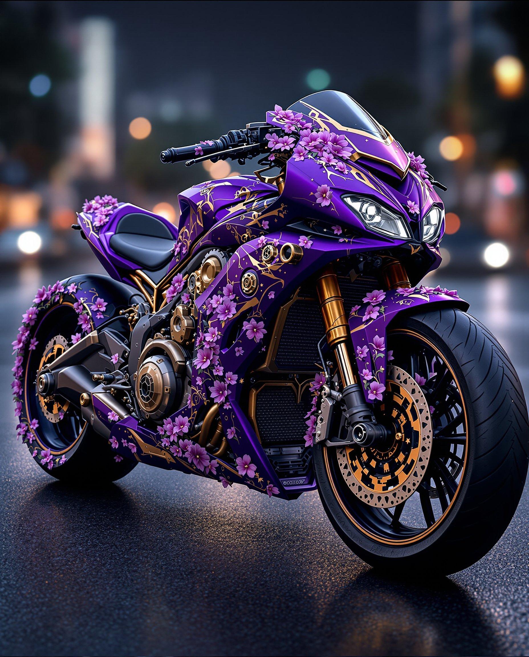 masterpiece, best quality, highres, sharp image, more detail, This image is a realistic photo (photograph) of a female real person digital artwork that features a highly stylized and fantastical girl with a motorcycle. The girl is on the and she is the centerpiece of the image, and it is lavishly decorated with a variety of elements that contribute to its overall aesthetic.The motorcycle is predominantly a deep purple color, with accents of gold and black. The purple hue is rich and saturated, giving the motorcycle a luxurious and almost otherworldly appearance. The gold accents are used sparingly but effectively, providing a contrast that highlights the curves and details of the motorcycle.The motorcycle is adorned with floral patterns and motifs, predominantly in shades of purple and pink. These patterns are intricate and detailed, with petals and leaves that seem to be delicately placed on the surface of the motorcycle. The flowers are not just decorative they seem to be a part of the motorcycles design, as if the bike itself is a living entity with a floral essence.The motorcycle also features mechanical elements, such as gears and bolts, which are rendered in a metallic silver. These elements provide a grounding contrast to the organic and floral elements, suggesting a fusion of technology and nature.The motorcycles wheels are particularly striking. They are large and feature a multispoke design, with each spoke detailed with a purple and gold floral pattern. The tires themselves are black, with a textured appearance that gives them a realistic feel despite the fantastical elements of the motorcycle.The motorcycle is set against a blurred urban nighttime backdrop, with city lights and reflections on the road. This setting adds to the overall atmosphere of the image, creating a sense of mystery and allure. The medium appears to be digital painting, given the smooth gradients and seamless blending of colors.Overall, the image is a celebration of creativity and imagination, combining elements of nature, technology, and fantasy to create a visually stunning and thoughtprovoking piece of art.