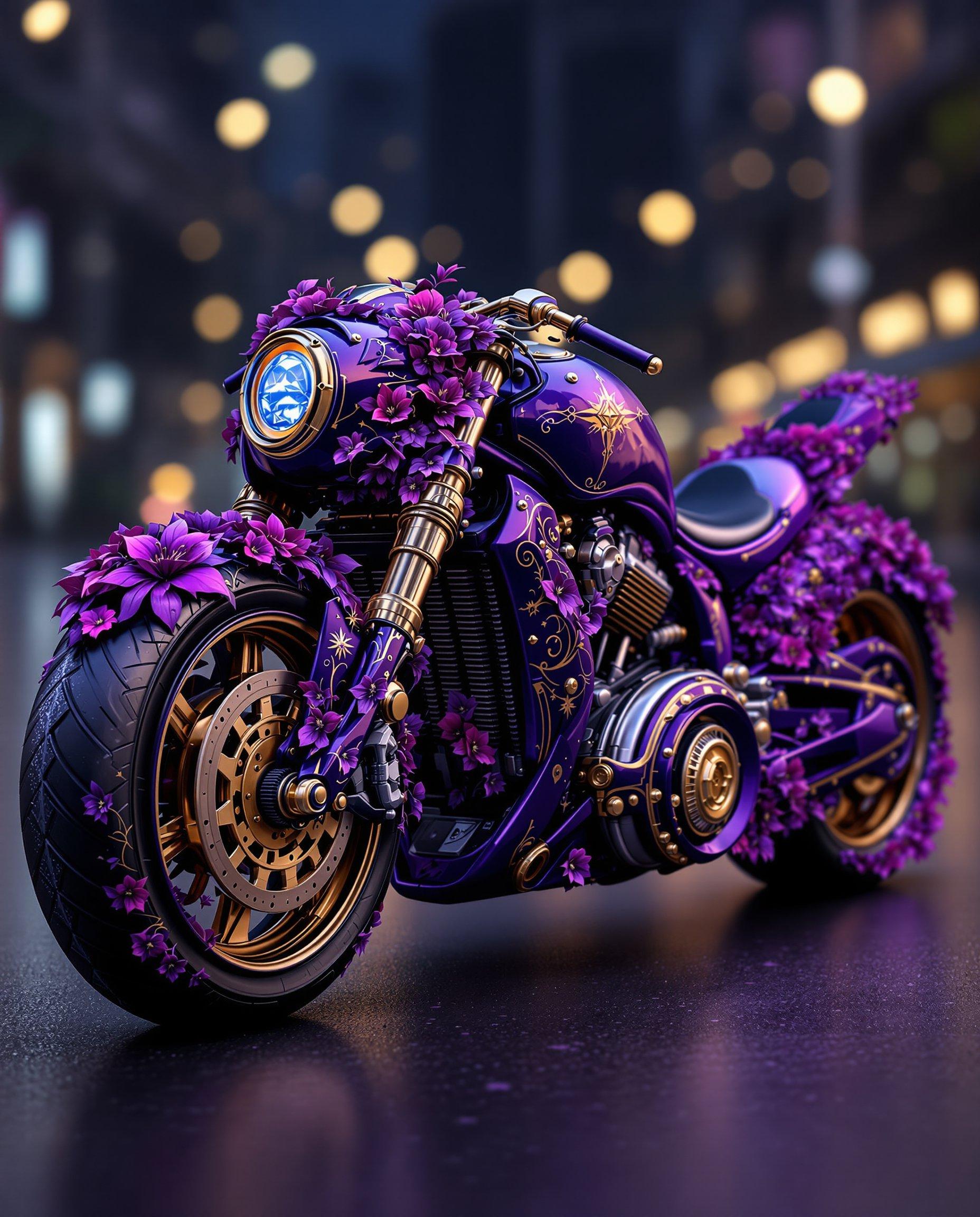 masterpiece, best quality, highres, sharp image, more detail, This image is a realistic photo (photograph) of a female real person digital artwork that features a highly stylized and fantastical girl with a motorcycle. The girl is on the and she is the centerpiece of the image, and it is lavishly decorated with a variety of elements that contribute to its overall aesthetic.The motorcycle is predominantly a deep purple color, with accents of gold and black. The purple hue is rich and saturated, giving the motorcycle a luxurious and almost otherworldly appearance. The gold accents are used sparingly but effectively, providing a contrast that highlights the curves and details of the motorcycle.The motorcycle is adorned with floral patterns and motifs, predominantly in shades of purple and pink. These patterns are intricate and detailed, with petals and leaves that seem to be delicately placed on the surface of the motorcycle. The flowers are not just decorative they seem to be a part of the motorcycles design, as if the bike itself is a living entity with a floral essence.The motorcycle also features mechanical elements, such as gears and bolts, which are rendered in a metallic silver. These elements provide a grounding contrast to the organic and floral elements, suggesting a fusion of technology and nature.The motorcycles wheels are particularly striking. They are large and feature a multispoke design, with each spoke detailed with a purple and gold floral pattern. The tires themselves are black, with a textured appearance that gives them a realistic feel despite the fantastical elements of the motorcycle.The motorcycle is set against a blurred urban nighttime backdrop, with city lights and reflections on the road. This setting adds to the overall atmosphere of the image, creating a sense of mystery and allure. The medium appears to be digital painting, given the smooth gradients and seamless blending of colors.Overall, the image is a celebration of creativity and imagination, combining elements of nature, technology, and fantasy to create a visually stunning and thoughtprovoking piece of art.