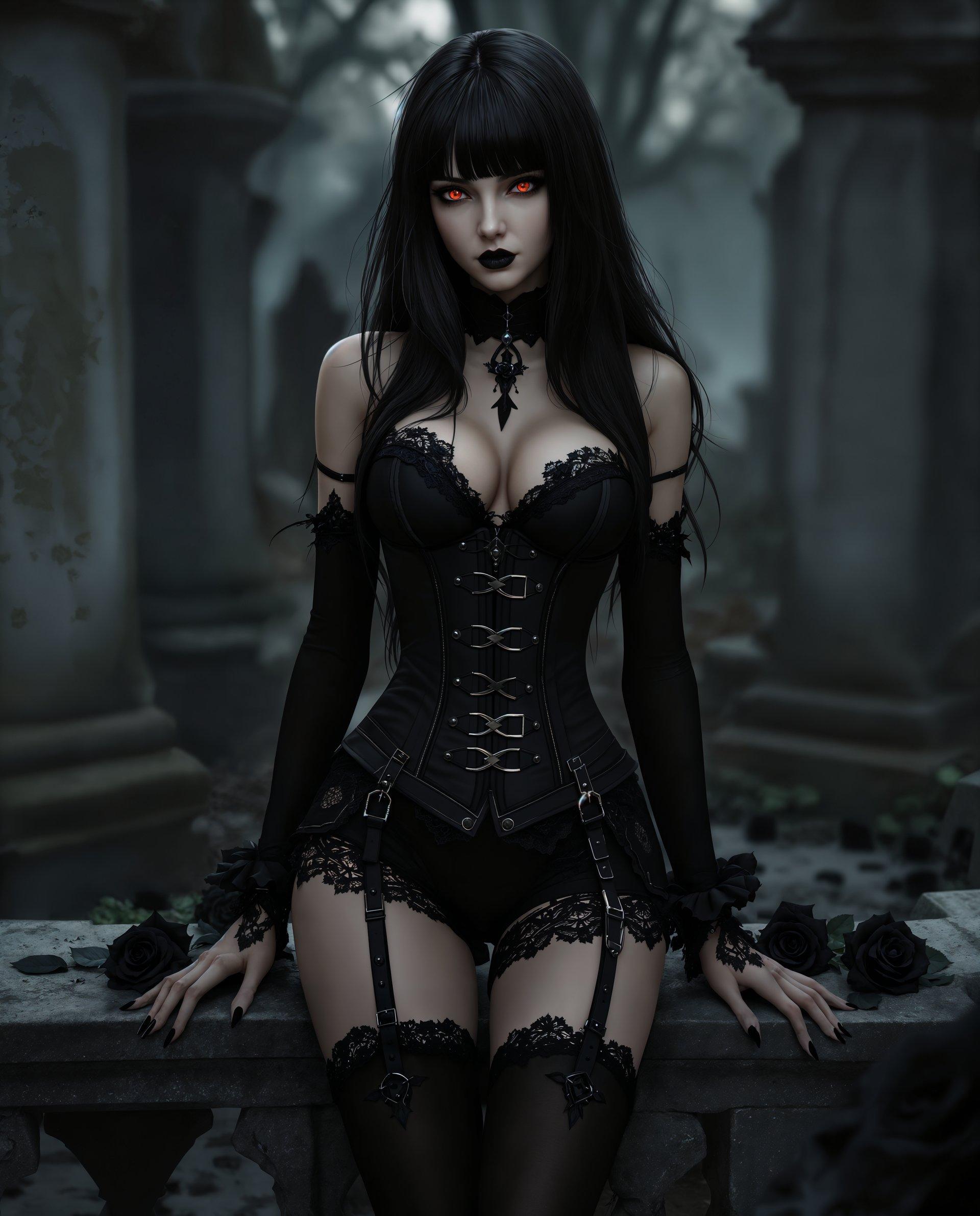 masterpiece, best quality, highres, sharp image, more detail <lora:more_details:0.5> <lora:SDXLrender_v2.0:1>, masterpiece, best quality, highres, sharp image, more detail, This image is a realistic photo (photograph) of a female real person digital artwork that features a character in a gothic inspired outfit. The character has long, flowing black hair with bangs and is wearing a black corset with a high neckline and a matching pair of shorts. The corset is adorned with straps, buckles, and lace, and the shorts have a similar design with lace trim and suspenders. The character is also wearing black stockings with thighhigh stockings and thighhigh boots with straps.The setting of the image is a cemetery, as indicated by the gravestones in the background and the overall somber and dark atmosphere. The ground is covered in fallen leaves, and there are black roses scattered around the character, which complement the gothic theme.The art style of the image is realistic with a touch of fantasy, as seen in the characters exaggerated features and the stylized gothic elements. The medium appears to be a 3D rendering, given the smooth texture and lighting of the character and the environment.The colors in the image are primarily black and gray, with touches of red in the characters eyes and the roses. The lighting in the image is dramatic, with shadows that give depth to the scene and highlight the textures of the characters outfit and the cemetery setting.