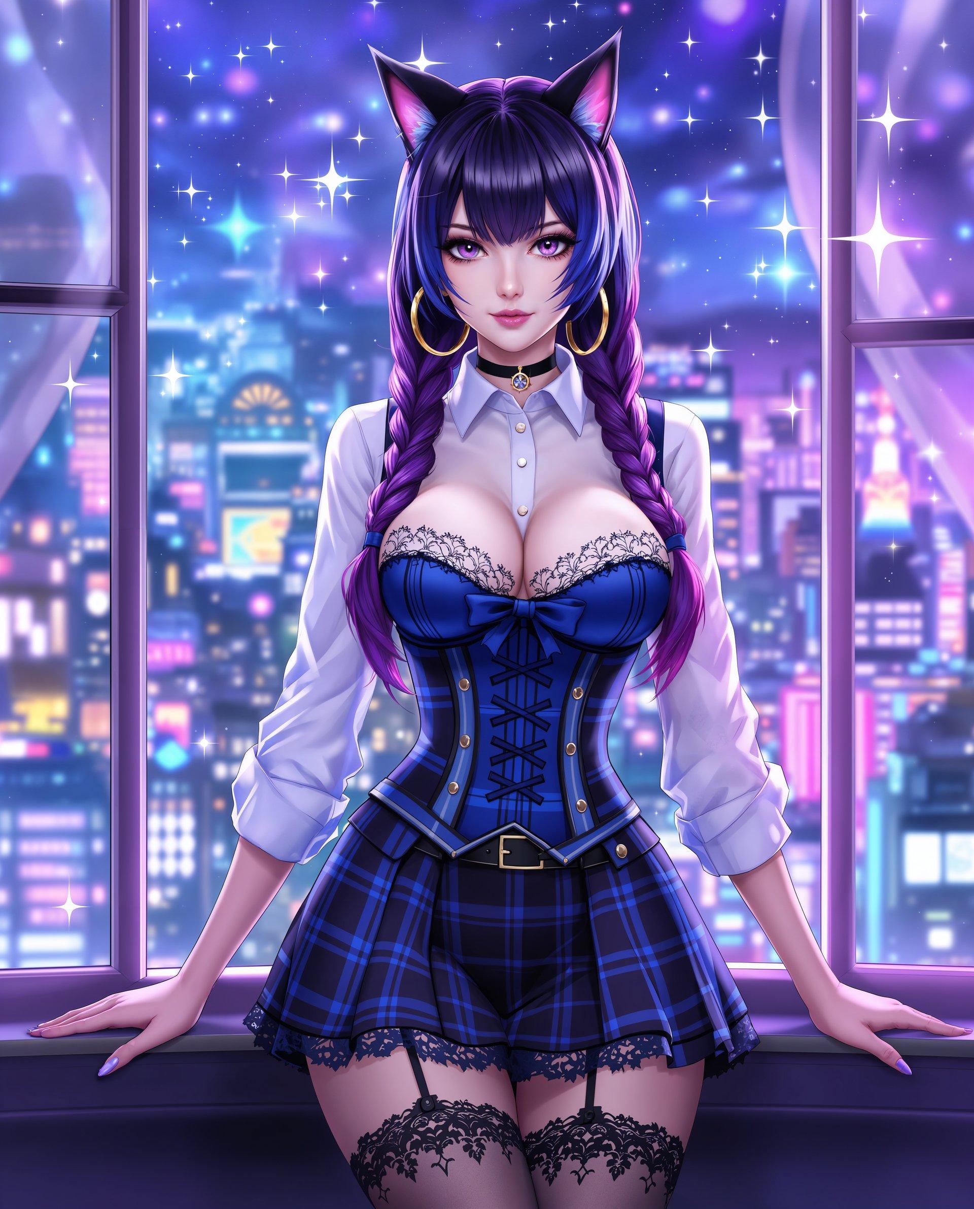 masterpiece, best quality, highres, sharp image, more detail <lora:more_details:0.5> <lora:SDXLrender_v2.0:1>, masterpiece, best quality, highres, sharp image, more detail, This is a realistic photo (photograph) of a female real person illustration that features a character with a striking appearance. The character has long, dark hair with a gradient of purple and blue tones, styled into two braids that fall over the shoulders. The hair is detailed with highlights and lowlights that give it a realistic texture and volume.The character is wearing a white blouse with a high collar and long sleeves, which are rolled up to the elbows. The blouse is buttoned up to the top button, revealing a glimpse of a blue and black corset with a bow at the front. The corset is adorned with lace details and has a lowcut neckline, showing off the collarbones.The character is also wearing a blue and black skirt with a plaid pattern, which is cinched at the waist with a belt. The skirt is short, ending just above the knee, and is paired with black stockings that have lace detailing at the top and are held up by suspenders. The stockings are sheer, allowing the skin to be visible through them.The character is wearing large hoop earrings with a gold finish, and there are cat ears visible on the head, adding to the whimsical nature of the characters appearance.The background of the image is a vibrant and colorful scene, with a mix of blues, purples, and pinks that create a dreamlike atmosphere. There are sparkling lights and a bokeh effect, giving the impression of a night setting. The background also features a window with a view of a cityscape, with skyscrapers and neon signs that suggest an urban environment.The art style of the illustration is digital, with a high level of detail and realism. The use of lighting and shadow gives the image depth, and the textures are rendered with great attention to detail. The overall effect is one of a vibrant and dynamic scene that captures the viewers attention.