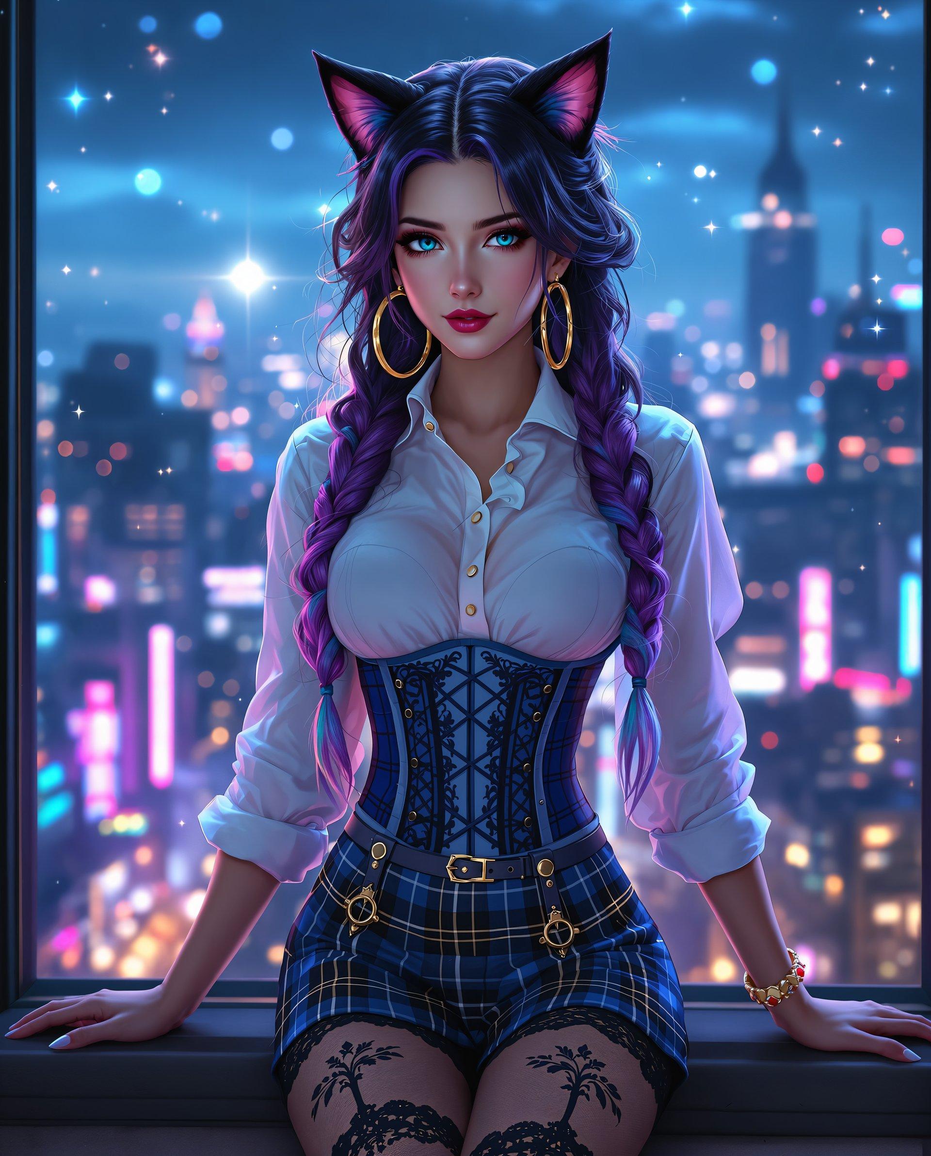 masterpiece, best quality, highres, sharp image, more detail <lora:more_details:0.5> <lora:SDXLrender_v2.0:1>, A highly detailed, realistic digital portrait of a woman with an enchanting, fantastical appearance. **Subject**: The woman has long, dark hair with a gradient of purple and blue hues, styled into two meticulously braided locks that cascade over her shoulders. Her hair exhibits lifelike texture with natural highlights and lowlights, giving it volume and depth. **Attire**: She is adorned in a pristine white blouse with a high, starched collar and long sleeves, rolled up to reveal the forearms. The blouse is buttoned to the neck, subtly exposing a blue and black lace corset underneath with a bow accentuating the center. A short, blue and black plaid skirt cinched with a belt sits just above her knees, complemented by sheer black stockings with intricate lace tops, secured by delicate suspenders. **Accessories**: Large gold hoop earrings and whimsical cat ears on her head enhance her magical allure. **Background**: The setting is an urban nightscape viewed through a window, with the city's skyline, skyscrapers, and glowing neon signs creating a vibrant contrast to the subject. The scene is bathed in a mix of blues, purples, and pinks, with sparkling lights and a pronounced bokeh effect, evoking a dreamlike, ethereal atmosphere. **Art Style**: The image employs a hyper-realistic digital art technique, with meticulous attention to lighting, shadow, and texture, creating a dynamic composition that captivates the viewer with its depth and detail. **Photography Terms**: Use a shallow depth of field to focus on the subject, with the cityscape slightly blurred, highlighting the contrast between the sharp details of the woman and the soft, dreamy background. **Mood**: The image should convey a sense of enchantment and urban fantasy, with the character's striking presence juxtaposed against the bustling city night.