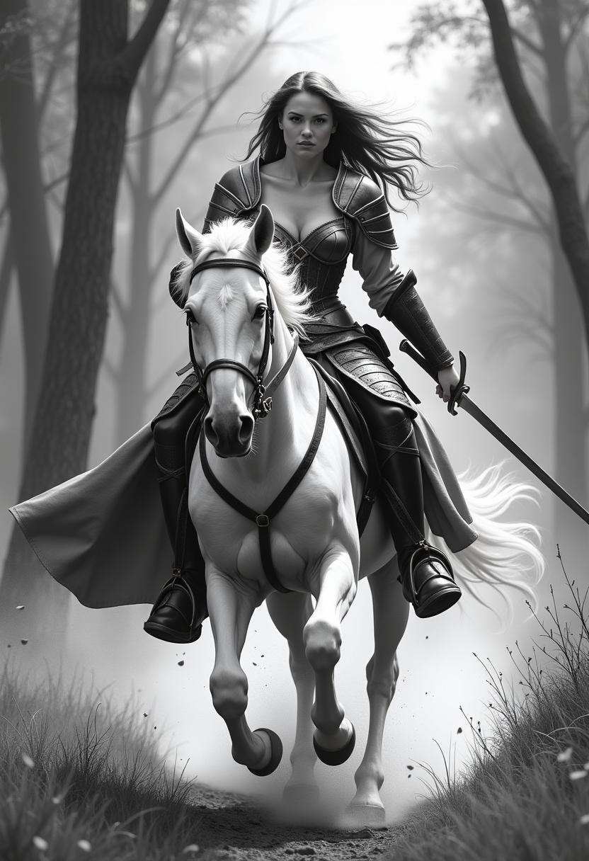 Black & White, ultra-detailed image of a Warrior princess galloping on a White, foamy horse in V-neck corset-style skirt armour - through the forest straight towards the viewer. Armed with a sword, tilted to the side, ready to strike. windblown hair. expressive face, full of determination. Behind her looms a fortress like a mirage. Dust, sweat, fatigue - everything shown in a painterly texture with a hint of graphics and chiaroscuro. HD and 8k resolution. Epic cinematic
