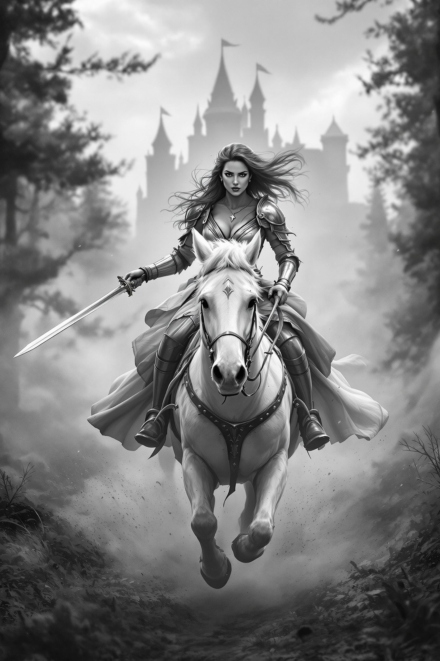 Black & White, ultra-detailed image of a Warrior princess galloping on a White, foamy horse in V-neck corset-style skirt armour - through the forest straight towards the viewer. Armed with a sword, tilted to the side, ready to strike. windblown hair. expressive face, full of determination. Behind her looms a fortress like a mirage. Dust, sweat, fatigue - everything shown in a painterly texture with a hint of graphics and chiaroscuro. HD and 8k resolution. Epic cinematic
