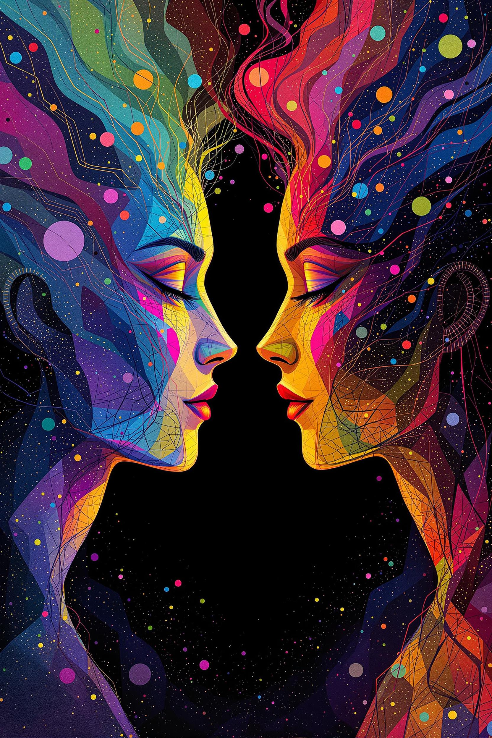 a human and a human, they are looking at each other, they have created each other, very vibrant colors, creative, imaginative 