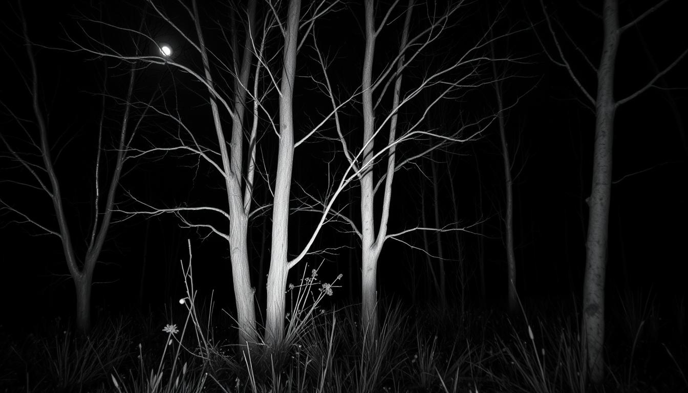 outdoors, tree, night, grass, plant, scenery, nature, forest, branch, dark, bare_tree, A black and white photo of a forest at night, taken from a low angle. the image is a monochrome, with a shallow depth of field that creates a sense of depth and dimension. the trees in the foreground are bare, with no leaves, and their trunks and branches are illuminated by the moonlight, casting a soft glow on the surrounding foliage. the background is dark, with other trees visible in the distance, creating a mysterious atmosphere. the overall mood is eerie and moody, with the contrast between the dark forest and the light creating a striking visual effect.