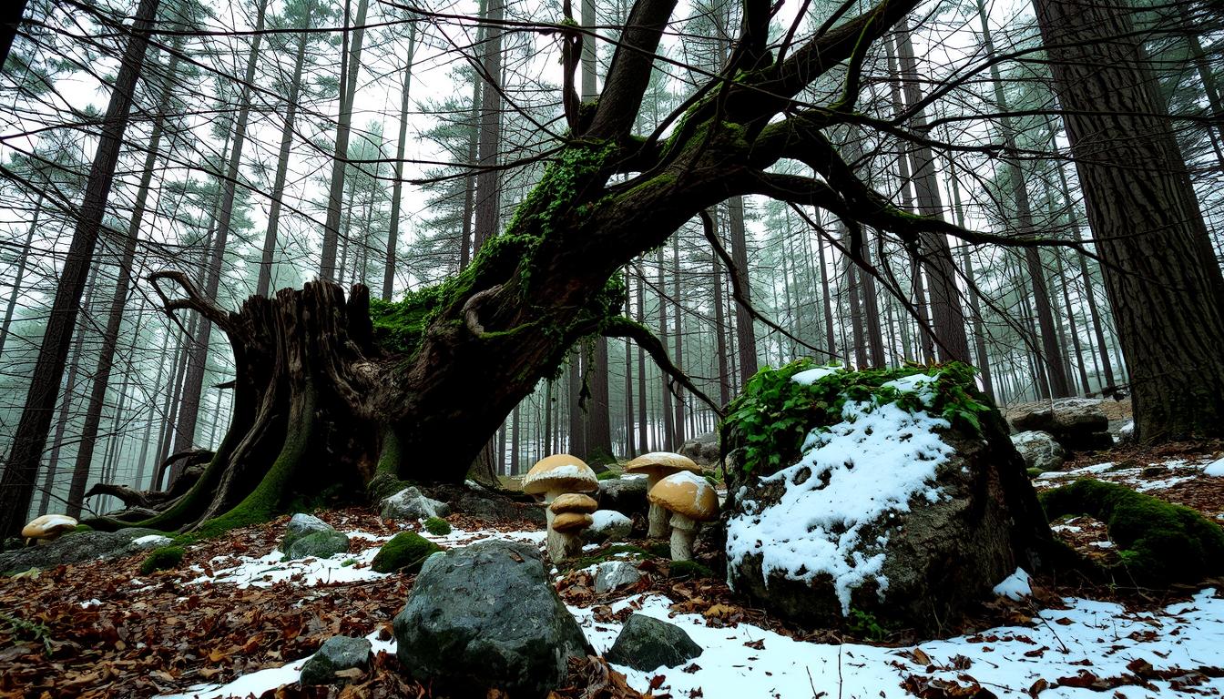 GothicHorror style, - **Forest:** The pine trees are tall, their branches reaching out like skeletal fingers. The forest floor should be littered with pine cones, fallen needles, and patches of ivy creeping over rocks and stumps.  **Details:** Include a large, rotten tree with mushrooms sprouting from its decayed surface. The ground should be uneven, with slopes and scattered rocks, some moss-covered, adding to the eerie, untouched feel of the forest.  **Textures:** Emphasize the rough bark of the trees, the smooth, cold surfaces of the rocks, the soft, crumbling texture of the stump, and the delicate, icy touch of the snow. **Composition:**  Use a low camera angle, looking up through the branches to give a sense of being watched or lost in the forest. - The forest should dominate the foreground, with the witch emerging from the shadows, creating a sense of depth and leading the viewer's eye through the scene. **Mood and Atmosphere:**  The atmosphere should be one of quiet, eerie beauty, with the witch's presence adding a touch of danger and the supernatural. The watercolor should be applied in a way that suggests a misty, almost dreamlike quality, enhancing the surreal and slightly unsettling mood. **Technical Aspects:**  Apply watercolor washes to create a hazy, ethereal background, contrasting with the sharp, detailed charcoal-like rendering of the witch and key forest elements.