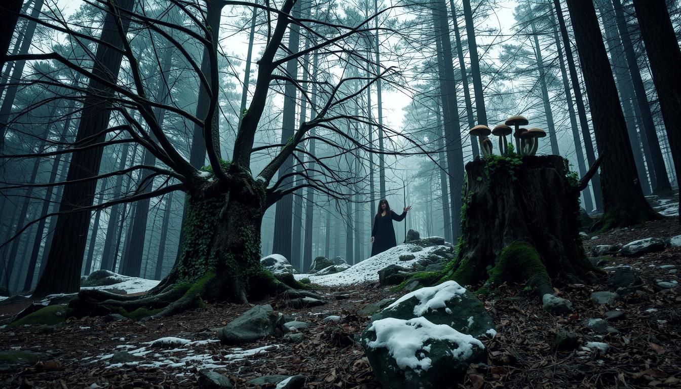 GothicHorror style, - **Forest:** The pine trees are tall, their branches reaching out like skeletal fingers. The forest floor should be littered with pine cones, fallen needles, and patches of ivy creeping over rocks and stumps.  **Details:** Include a large, rotten tree with mushrooms sprouting from its decayed surface. The ground should be uneven, with slopes and scattered rocks, some moss-covered, adding to the eerie, untouched feel of the forest.  **Textures:** Emphasize the rough bark of the trees, the smooth, cold surfaces of the rocks, the soft, crumbling texture of the stump, and the delicate, icy touch of the snow. **Composition:**  Use a low camera angle, looking up through the branches to give a sense of being watched or lost in the forest. - The forest should dominate the foreground, with the witch emerging from the shadows, creating a sense of depth and leading the viewer's eye through the scene. **Mood and Atmosphere:**  The atmosphere should be one of quiet, eerie beauty, with the witch's presence adding a touch of danger and the supernatural. The watercolor should be applied in a way that suggests a misty, almost dreamlike quality, enhancing the surreal and slightly unsettling mood. **Technical Aspects:**  Apply watercolor washes to create a hazy, ethereal background, contrasting with the sharp, detailed charcoal-like rendering of the witch and key forest elements.