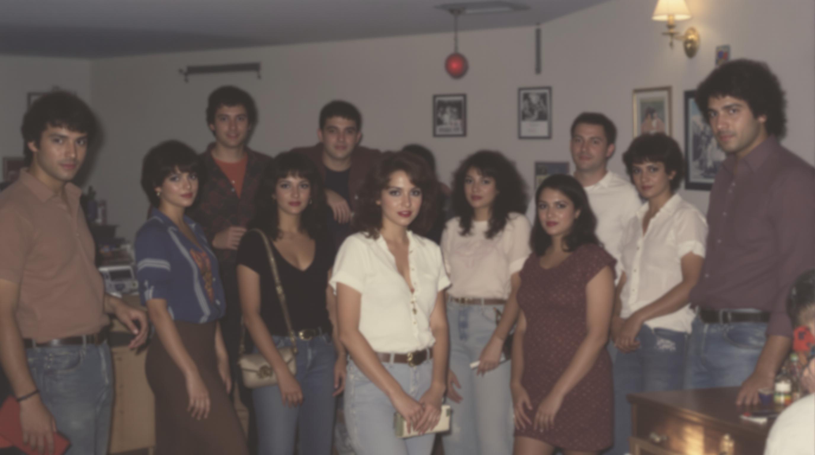 Small gathering interior, 1980.  80s outfits - jeans, simple dresses, casual shirts. Subtle makeup and hairstyles. Low key lighting with a few colored stage lights. Slightly grainy image.