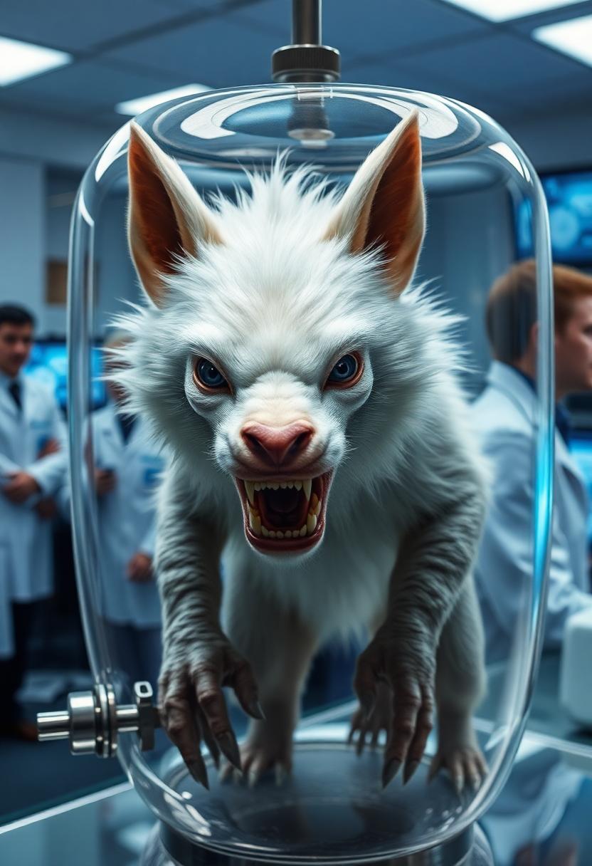 This image features a creature that appears to be a fantastical or fictional animal, possibly a digitally created or a special effects model, displayed in a glass jar. The creature has a white, furry coat, with a somewhat aggressive expression, showing sharp teeth and a snarling mouth. Its eyes are small and dark, and it has pointed ears and a pronounced snout.The art style of the image is realistic with a touch of fantasy, as the creatures features are exaggerated and not found in real animals. The medium seems to be a highquality photograph or a digitally manipulated image, given the clarity and sharpness of the details.The colors in the image are primarily cool tones, with the white fur of the creature standing out against the darker background. The glass jar is a clear, almost colorless material, and the metallic parts of the jar have a silver or brushed metal finish. The background is a laboratory setting, indicated by the presence of scientists in lab coats and a computer screen displaying what appears to be scientific data or imagery.There are several objects in the image1. The central focus is the creature in a clear glass jar, which is placed on a metallic base with a circular blue light around it.2. Behind the jar, there are two scientists in lab coats, with one of them looking directly at the camera and the other slightly turned away.3. To the right of the jar, there is a conical flask containing a clear liquid, possibly a chemical or a sample.4. In the background, theres a computer screen displaying what looks like a 3D model or a holographic projection of a creature or an object.5. The table the jar is on has a metallic finish, and there is a blue hose or cable running across the bottom of the frame.The overall atmosphere of the image is one of scientific curiosity and experimentation, with a hint of danger or potential threat suggested by the aggressive appearance of the creature.