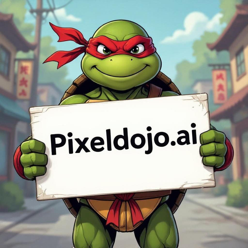 a ninja turtle holding a sign that reads "pixeldojo.ai"